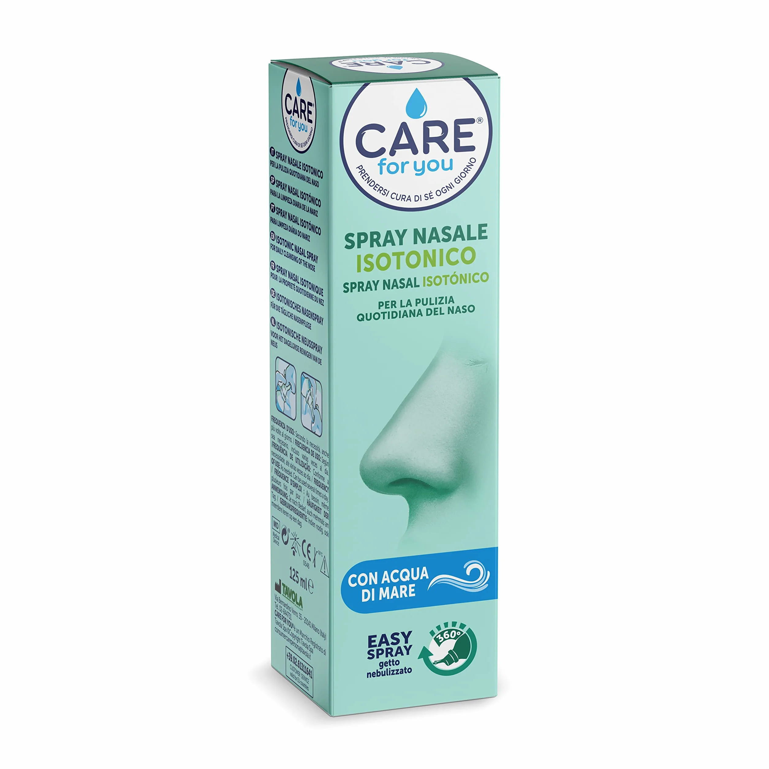 CARE for You, Spray Nasale Isotonico - Spray Lavaggi Nasali Nebulizzato, con Acqua di Mare Ricca di Oligoelementi, per la Pulizia Quotidiana Del Naso, 125 ml (Confezione da 2)