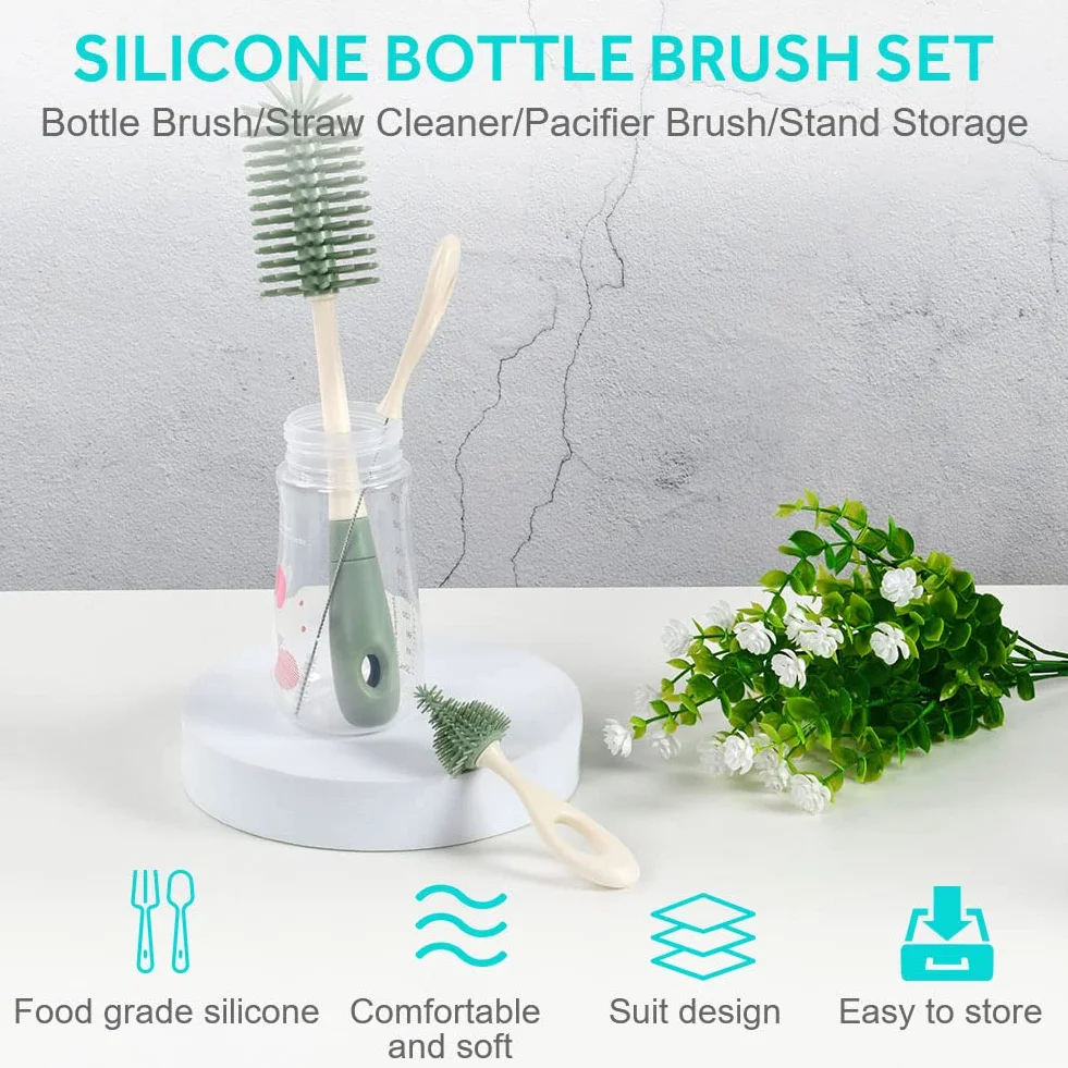 Vicloon Spazzola per Biberon, 3 Pezzi Silicone Pulizia Biberon e Ciuccio con Base per Riporre, Scovolino in Silicone per la Pulizia Tettarella, Cannucce, Verde-Base