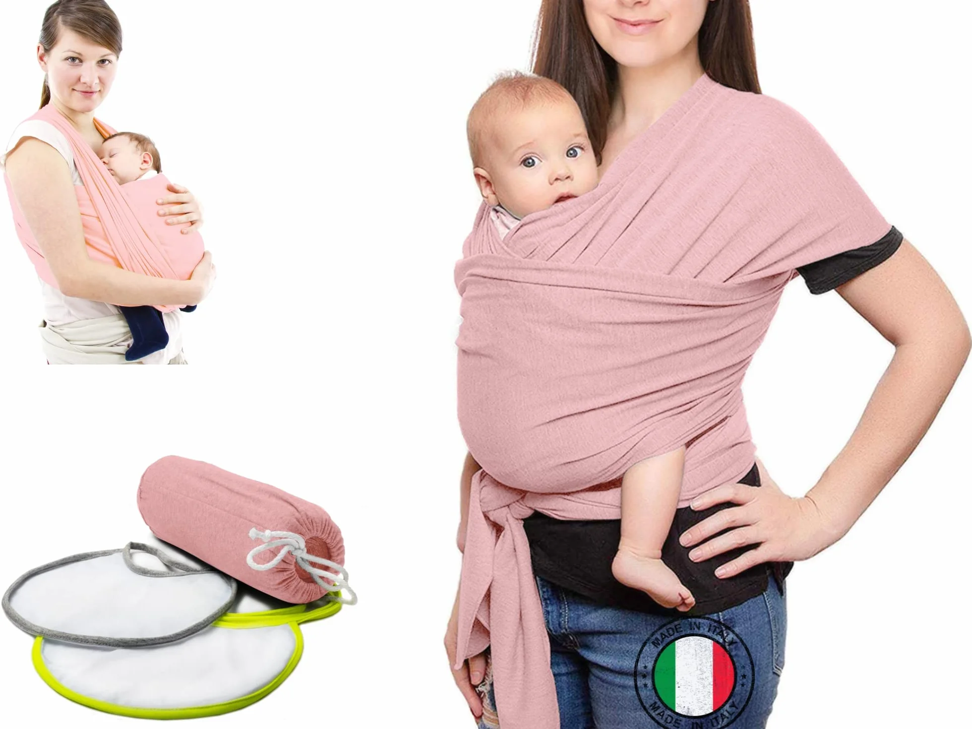Fascia Neonato (100% Made In Italy) Con 2 BAVAGLINI INCLUSI, Fascia Porta Bebe In Cotone Organico, Fascia Neonato Porta Bebe In Tessuto Morbido, Leggero, Traspirante, Adatta Fino A 15 Kg
