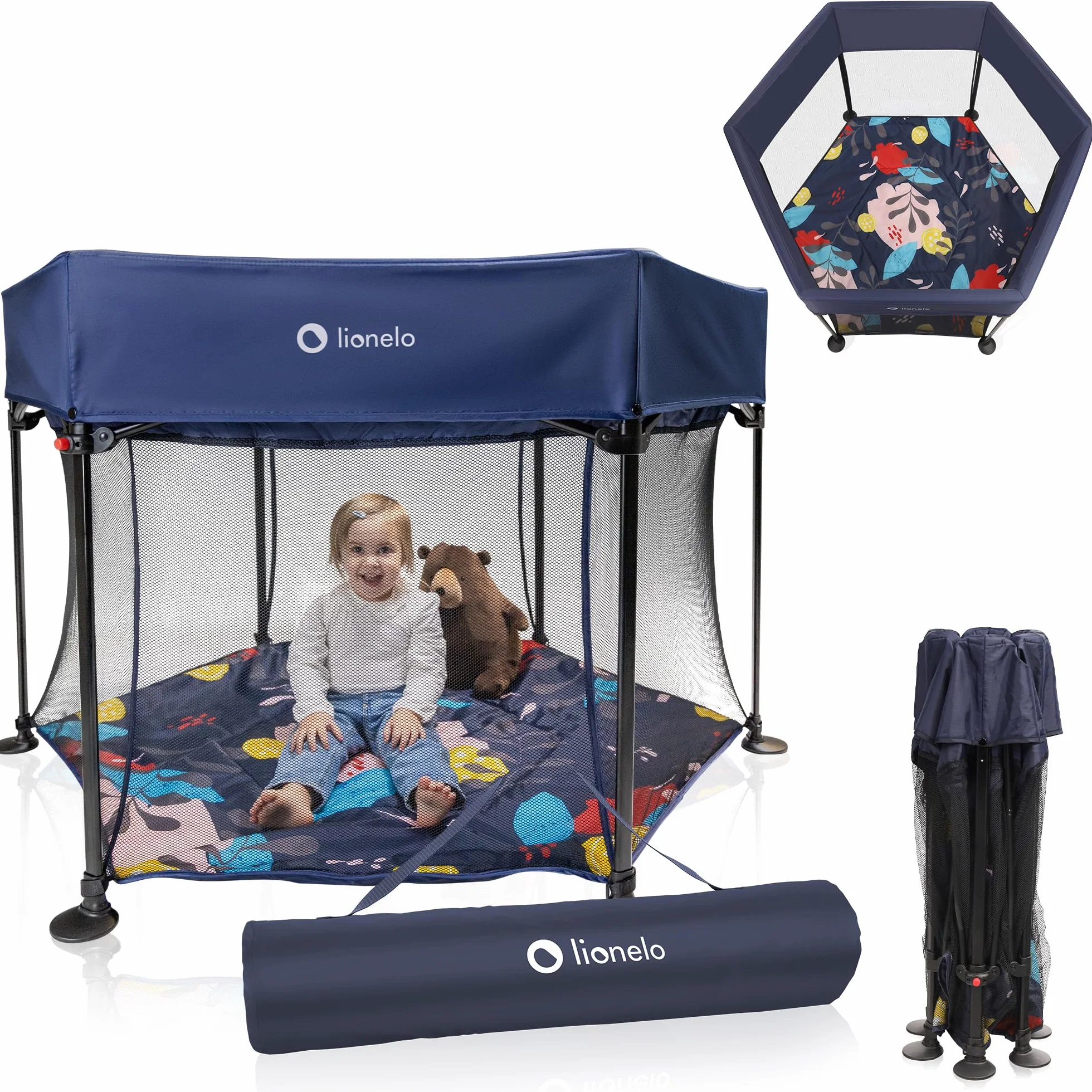 LIONELO Roel box bambini da 6 mesi fino a 15kg forma esagonale grandi dimensioni 135 x 118 x 83 cm Blocco di piegatura LockGuard, le pareti trasparenti, Gambe antiscivolo, Piegatura facile, Borsa