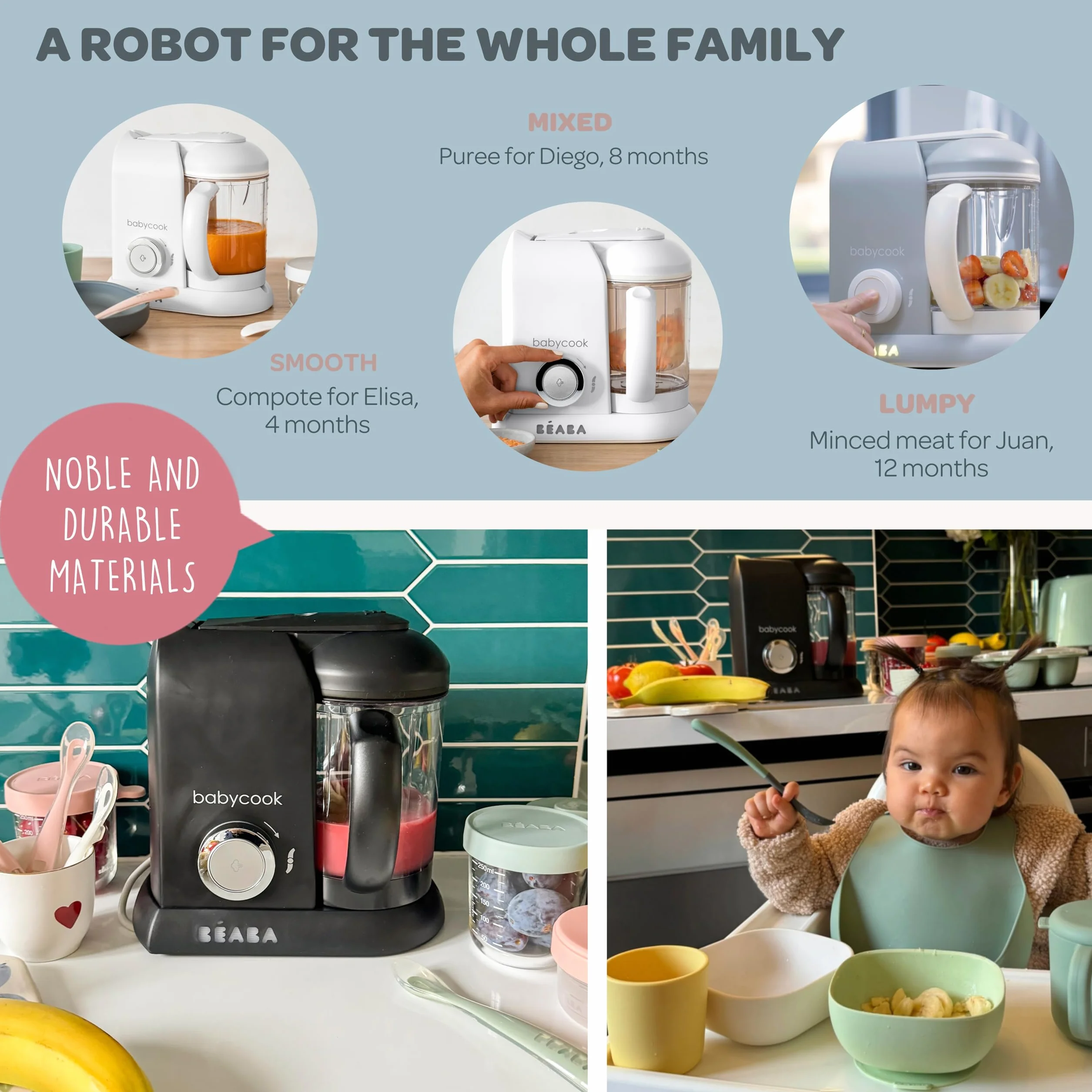 Béaba - Babycook Solo - Macchina per la pappa per bambini - 4 in 1: Processore, frullatore e fornello - Cottura a vapore morbida - Veloce - Diversificazione alimentare per il tuo bambino - Black