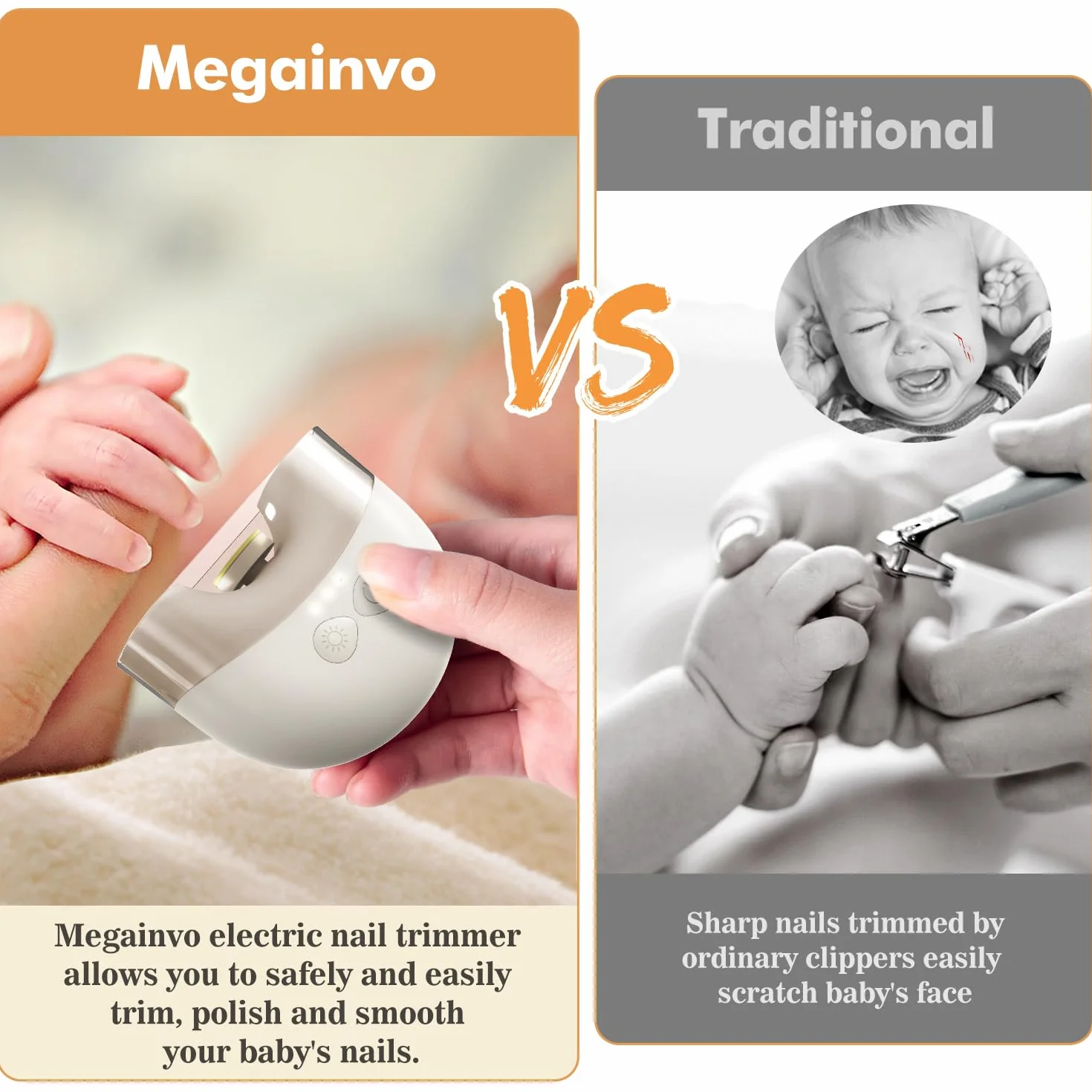 Megainvo Lima Unghie Neonato Elettrico Rechargeable Tagliaunghie Neonato Bambini Taglia Unghie Neonati con Luce & Rettifica Testine Deposito, Lima elettrica per unghie per Neonati Kit Unghie Neonato