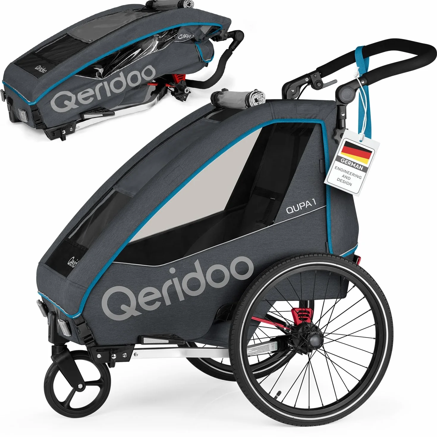 Qeridoo QUPA - Rimorchio per bicicletta con sospensioni a foglia, colore: blu, con cabina pieghevole, sedile posteriore espandibile, rimorchio, maniglia regolabile in altezza, sistema di cinture a 5
