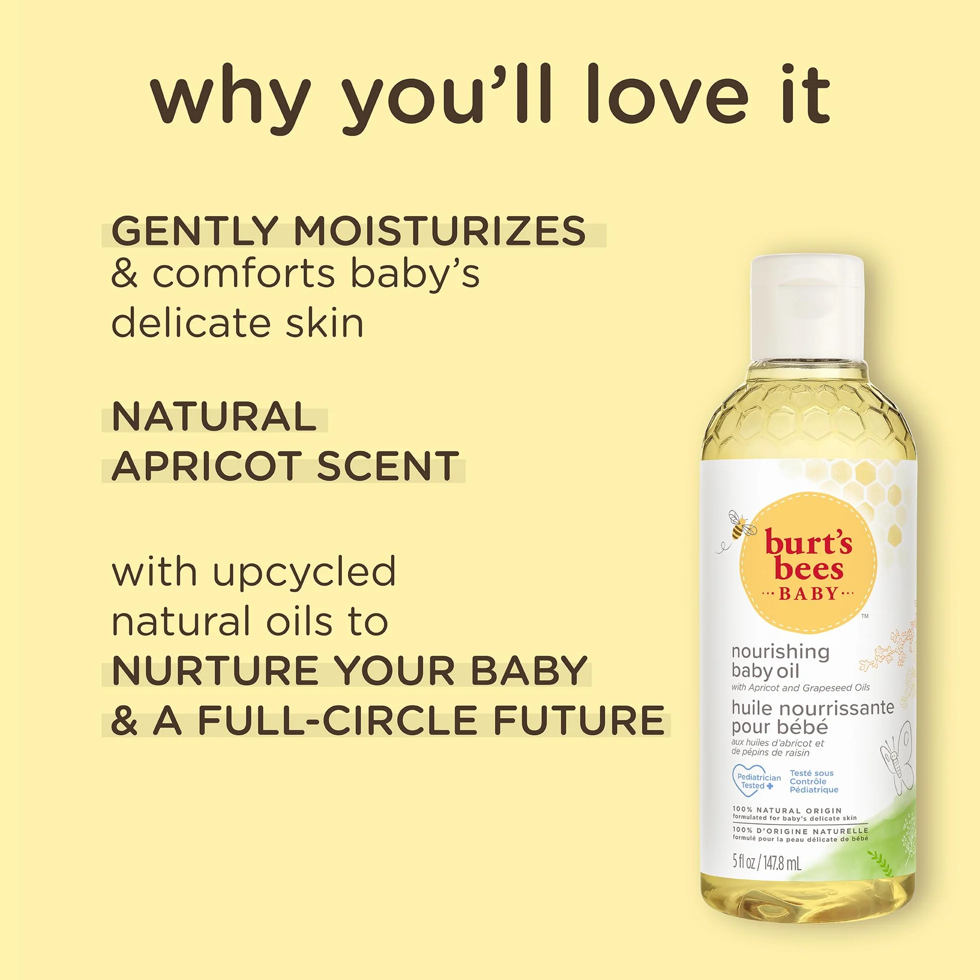 Burt's Bees Baby Oil, nutriente idratante per bambini con olio di albicocca, testato pediatra, 147,8 ml