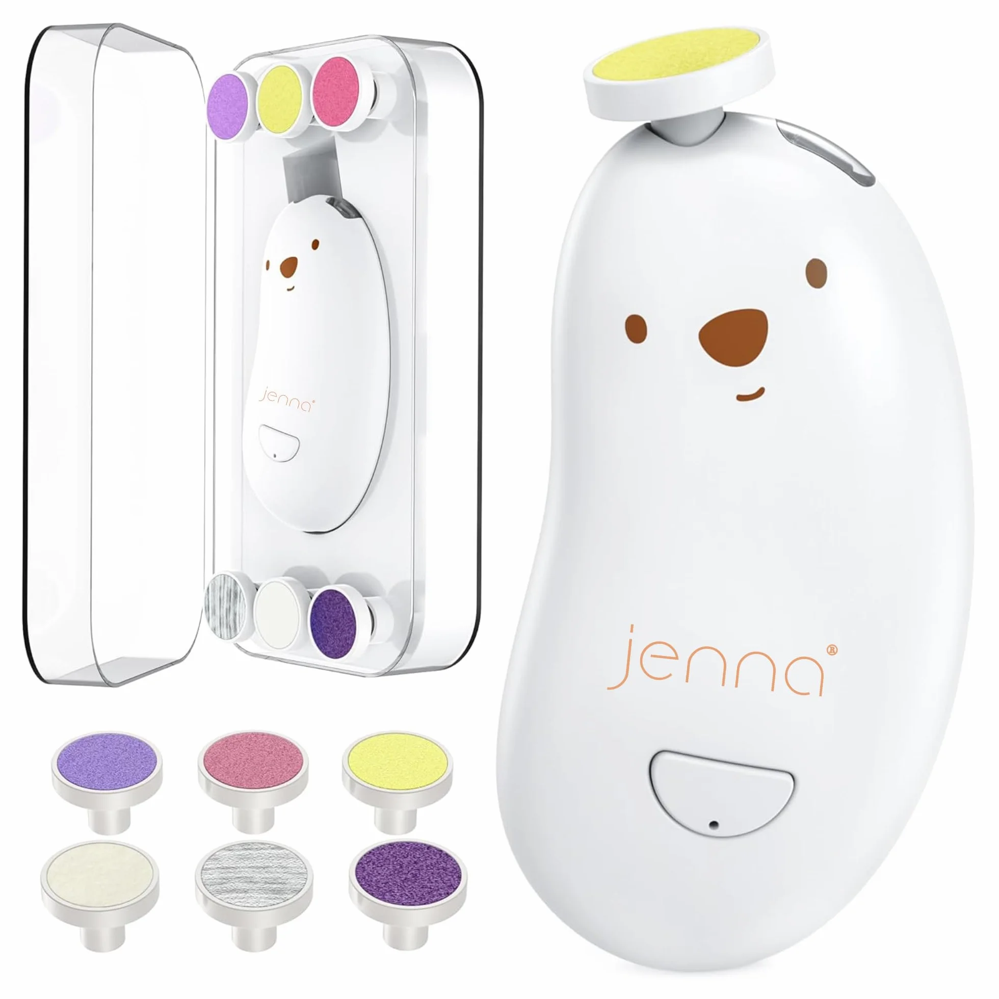 Jenna® | New Lime per unghie elettriche bebe 6 punte adattabili | Taglio unghie bebe senza dolore accessorio bebe nascita | Basso rumore luce incorporata | astuccio per la cura della nascita (bianco)