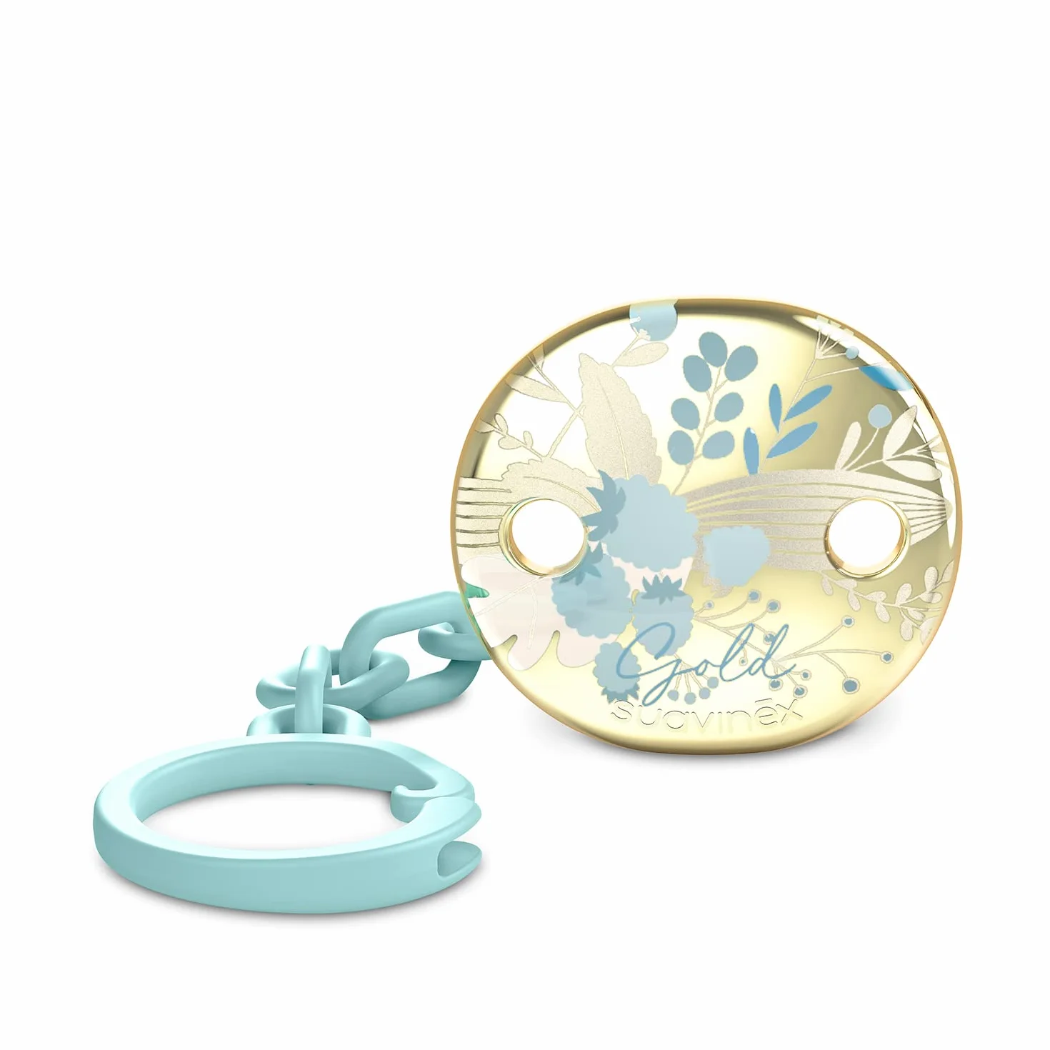 Suavinex Catenella Porta Succhietto, Edizione Gold, Per Neonati +0 Mesi, Clip Gioiello Effetto Metallizzato Oro, Azzurro
