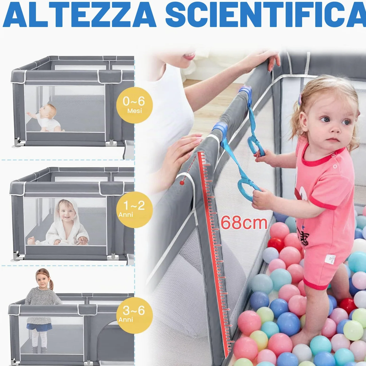 ACXIN Box per bambini, 150 x 180 x 68 cm, con base antiscivolo e rete traspirante, stabile griglia di intercettazione per bambini, grigio