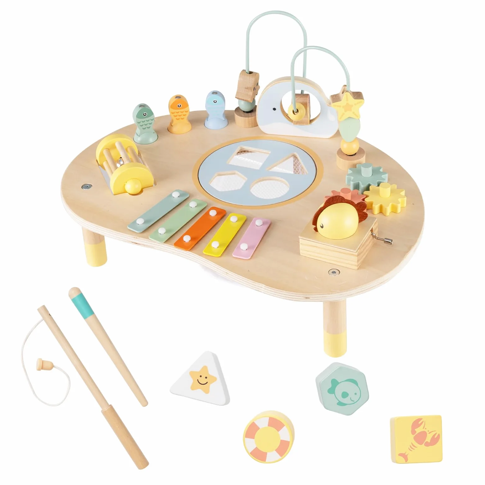 FANTASK Montessori - Tavolo da attività in Legno, per Bambini a Partire da 1 Anno, Giocattolo educativo con Loop per motorie, Gioco di Pesca, xilofono, Carillon e selezionatore, Tavolo da Gioco per