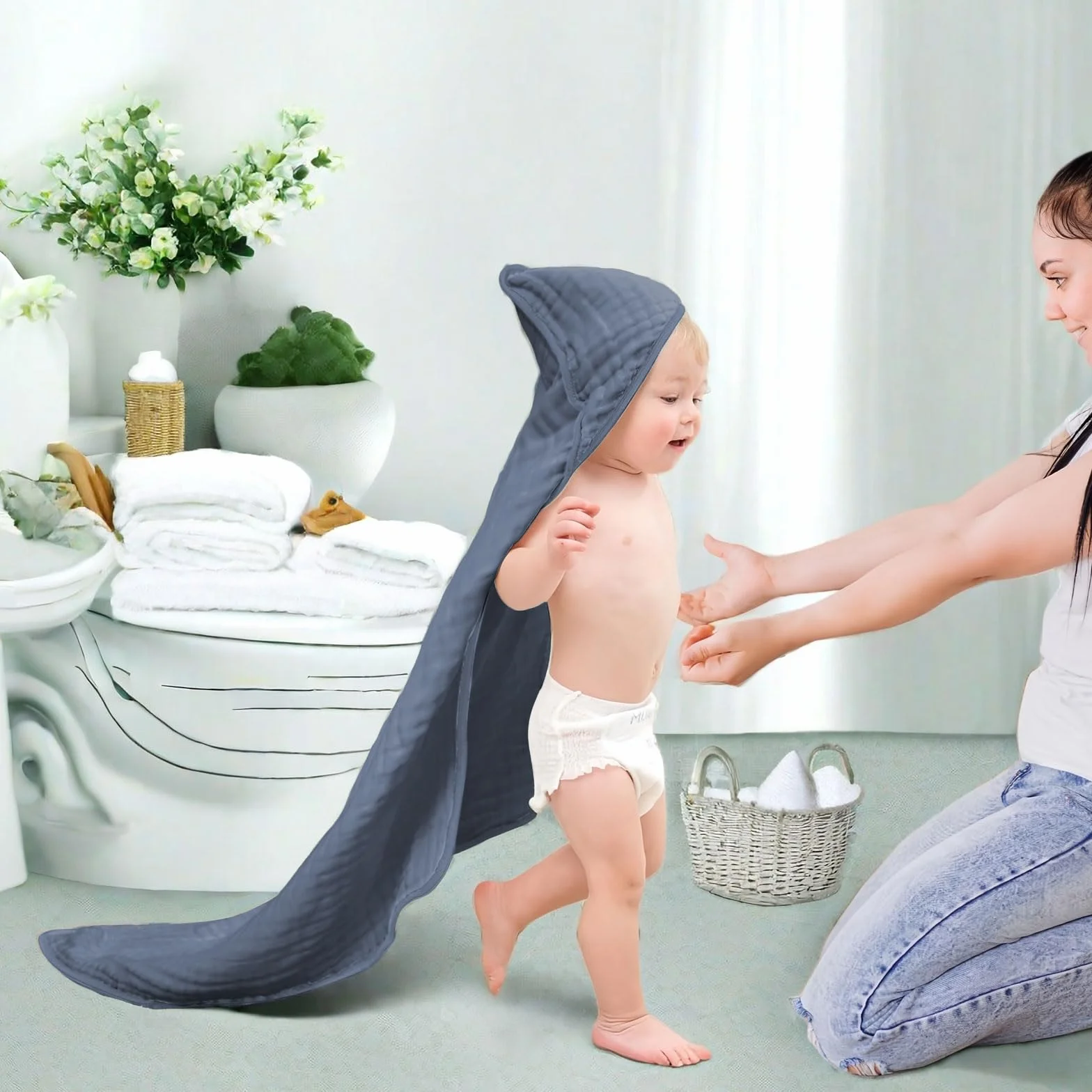 Accappatoio Neonato 0-3 Mesi E 6-12 Mesi Con 6 Asciugamano, Quadrotti Cotone E Mussole Cotone, Ideale Regalo Per Femmina E Maschio, 70x70 CM (Blu & Verde & Bianco)