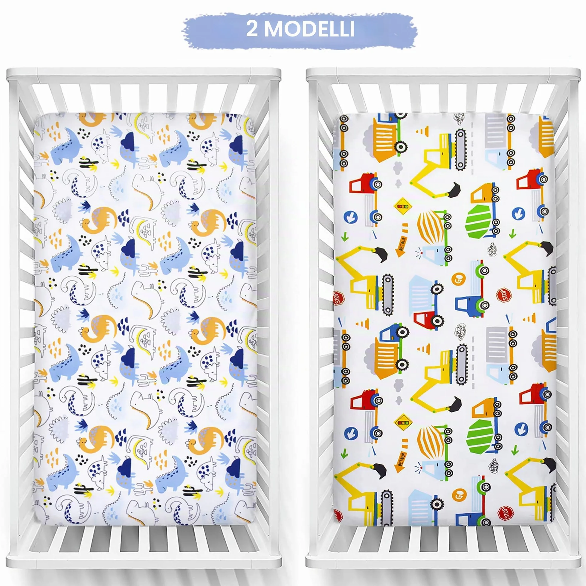 Confezione da 2 lenzuola con angoli per lettino 140 x 70 cm per bambine e bambini | Biancheria da letto per lettino | Facile cura, cotone morbido e resistente, lenzuola per culla con motivo unico auto
