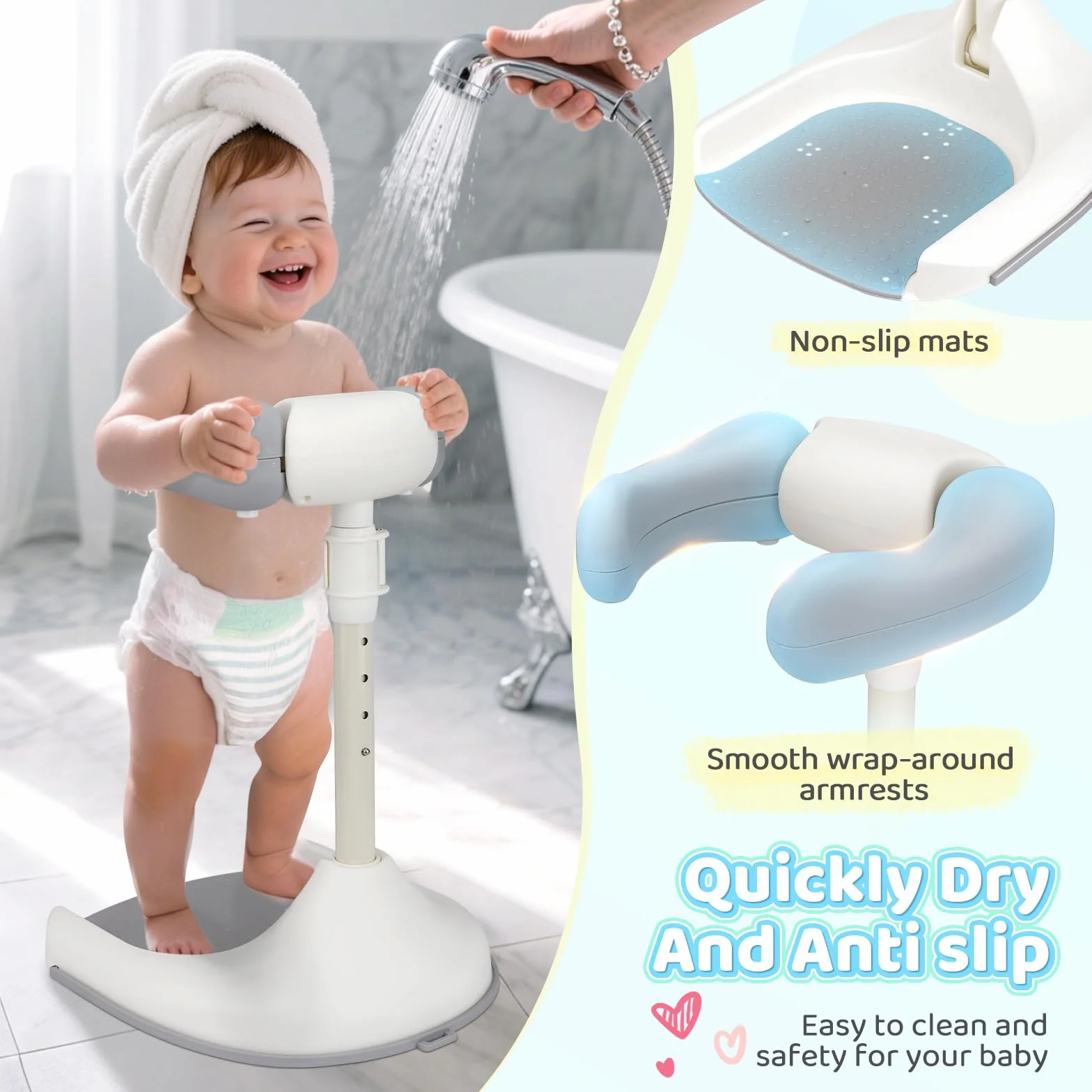 Supporto Doccia Bambini In Piedi,Con Base Antiscivolo,Altezza Regolabile,Supporto Doccia Bambini In Piedi Per 8 A 36 Mesi