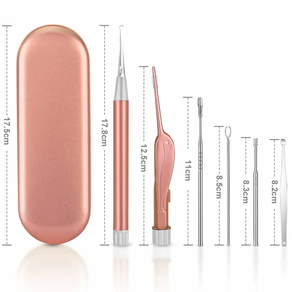 Vicloon Pulisci Orecchie, 15 Pezzi Kit Rimozione Cerume, Strumenti per Pulizia Dell’Orecchio con LED, 2 Lente D'ingrandimento e 6 Tamponi, Con Scatola Portaoggetti, Adatto per Adulti e Bambini