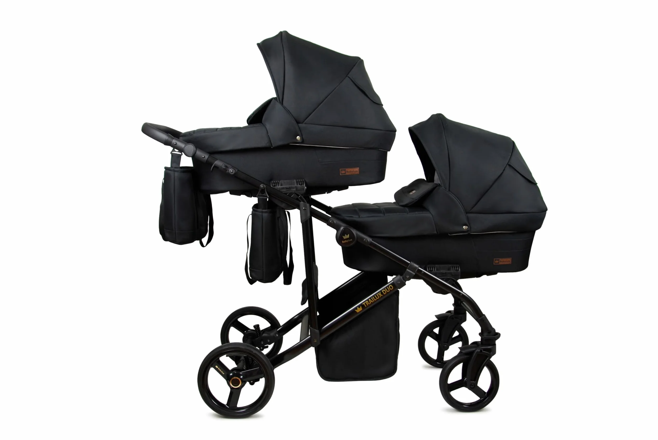 BabyLux® Bambini Passeggino per gemelli Completo Set 3 in 1 - Duo | Onyx - incl. Navicella, Canna, Seggiolino Auto - Carrozzina Neonati Sistema Combinato - con Borsa fasciatoio, Copertura antipioggia