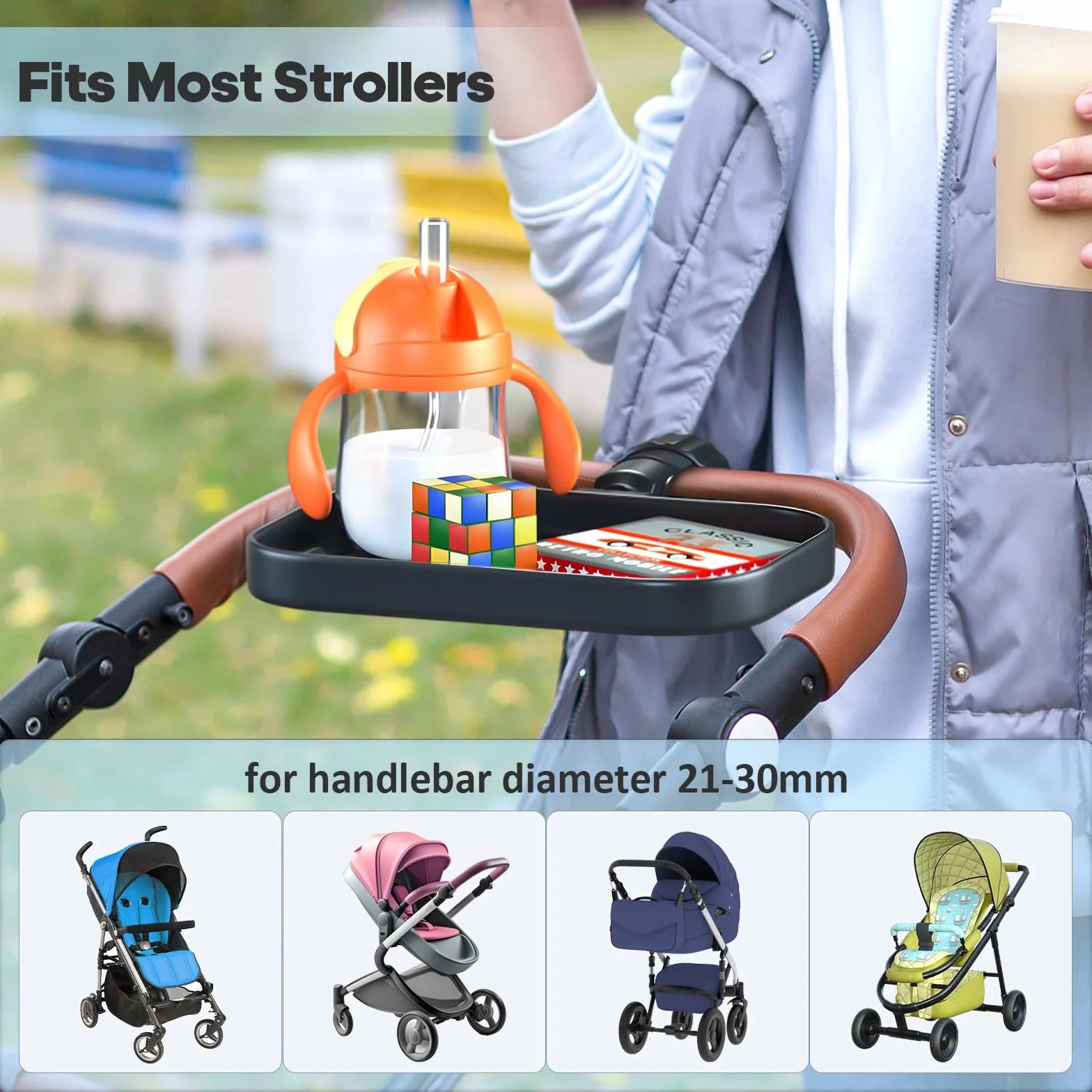 KDD Vassoio per Passeggino Universale, 2 in 1 Vassoio per Snack per Passeggino con Portabicchier, Porta Biberon per Passeggino a Installazione Rapida, Accessori Passeggino per Baby Jogger, Britax, BOB