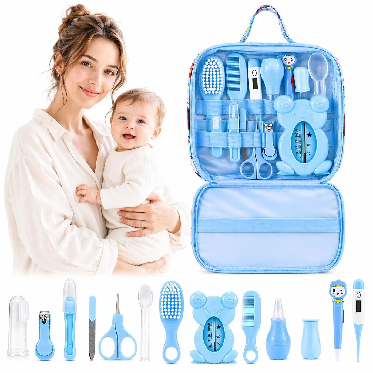 Kit Cura Neonato, Set Igiene Neonato con 13 Accessori Essenziali, Kit Neonato Igiene Nascita con Trousse Toilette Bambino, Kit Bagnetto Neonato, Spazzola, Termometro e Kit Unghie Neonato, Blu