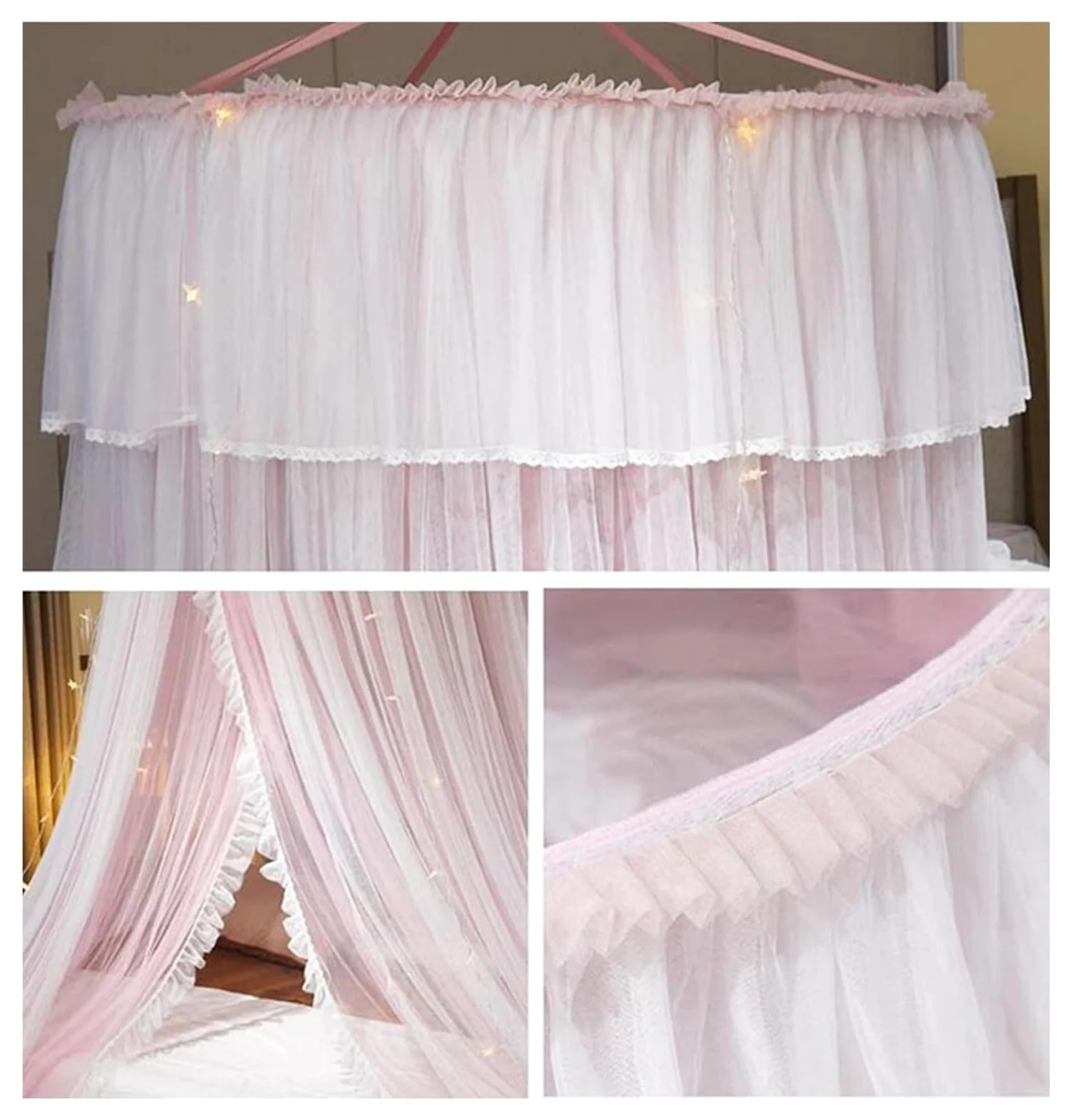 Tenda da Letto, Baldacchino da Letto, for Ragazze, Tenda a baldacchino - a Cupola in Rete Trasparente a Doppio Strato con zanzariera Princess in Pizzo Rotondo for Letti Gemelli Queen King