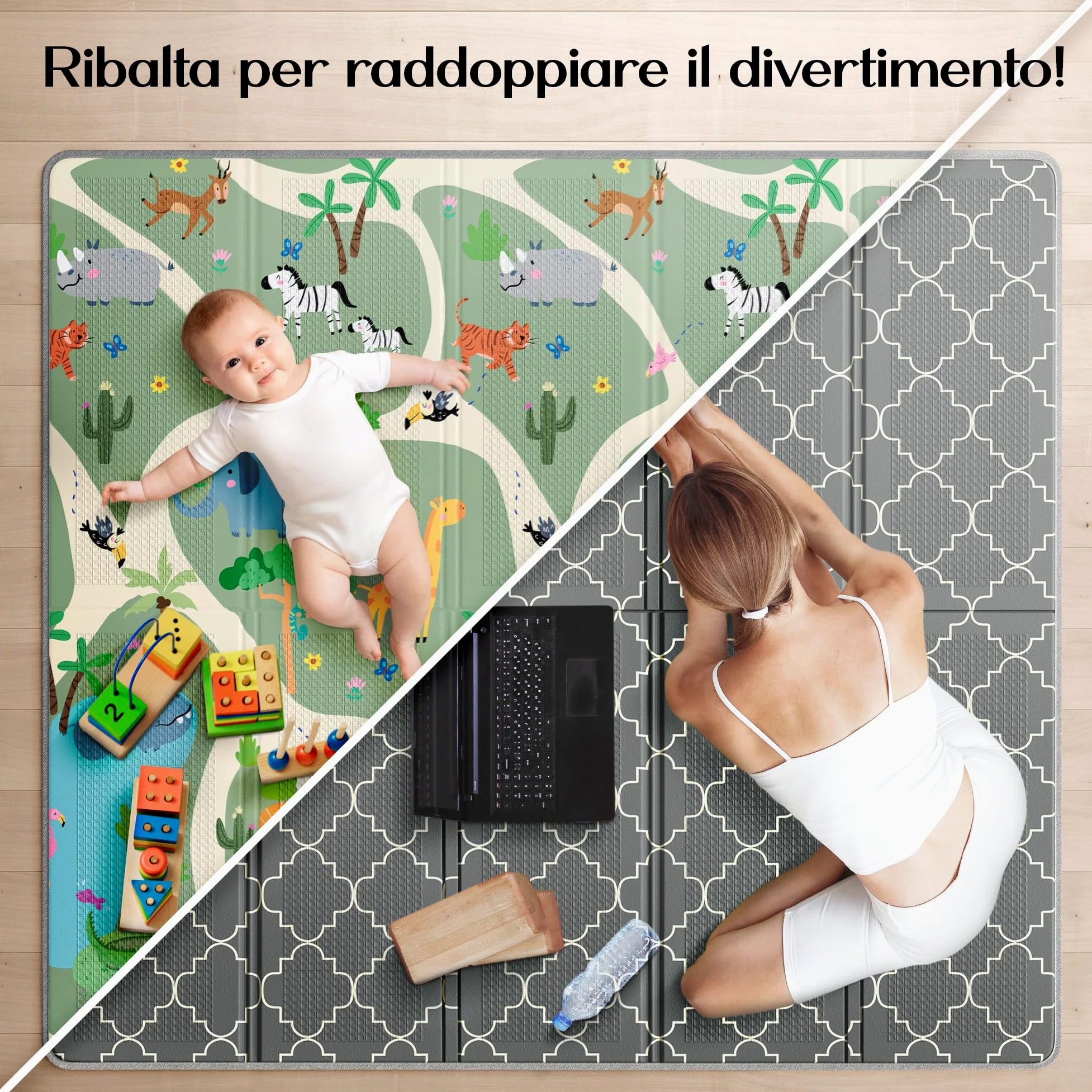 Tappeto Gioco Bambini Pieghevole – Tappeto Gioco Neonato, Tappeto Neonato Gattonamento, Tappeto Tummy Time Neonati, Tappetone Neonato Morbido, Tappeto Gomma Bambini, 180x200cm - Safari