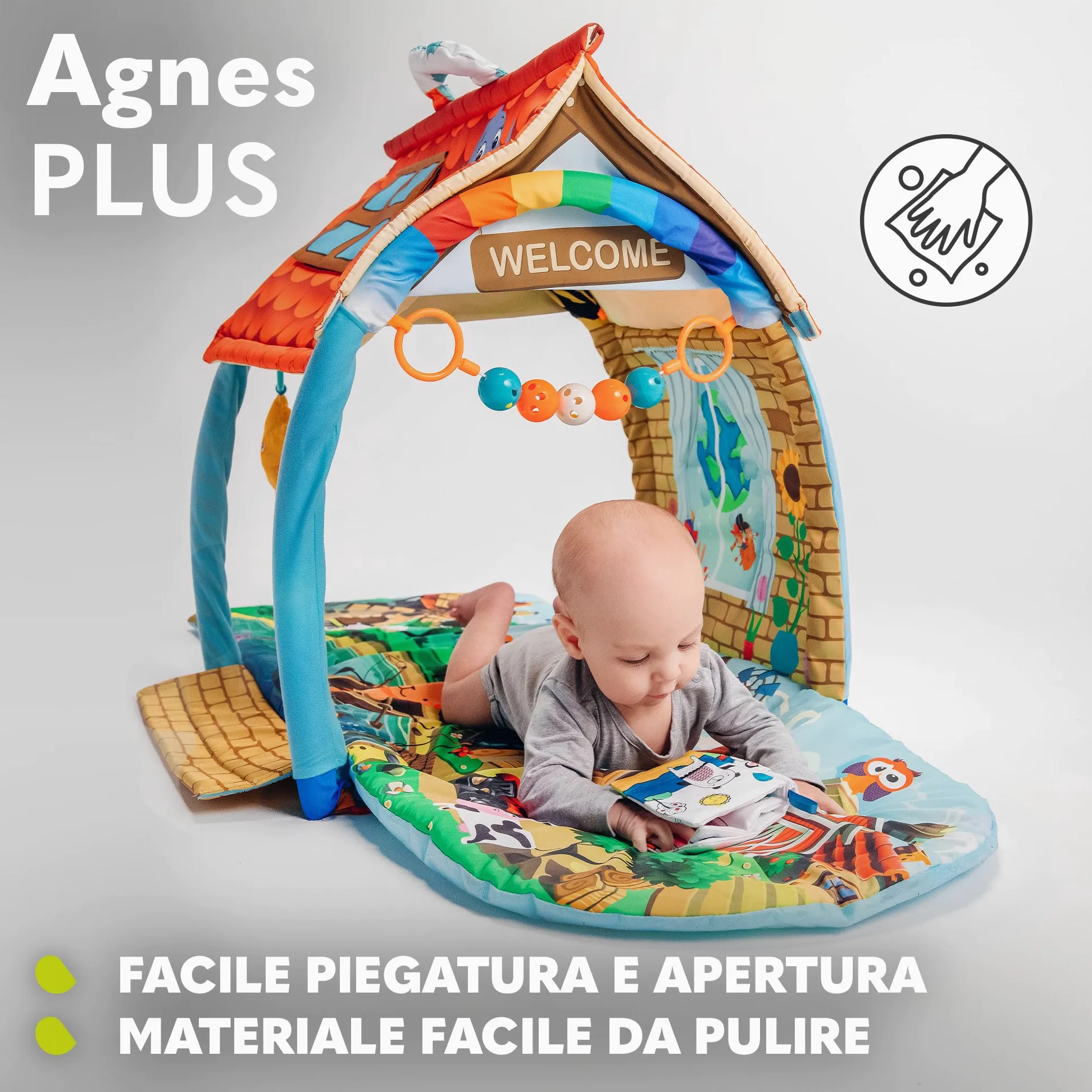 lionelo Agnes Palestrina 2 in 1 con Tappetino Evolutivo 142 x 142 cm | Dalla Nascita, Casetta, Massaggiagengive, Giochi Pendenti, Libricino Interattivo, Sonagli, Sviluppa i Sensi