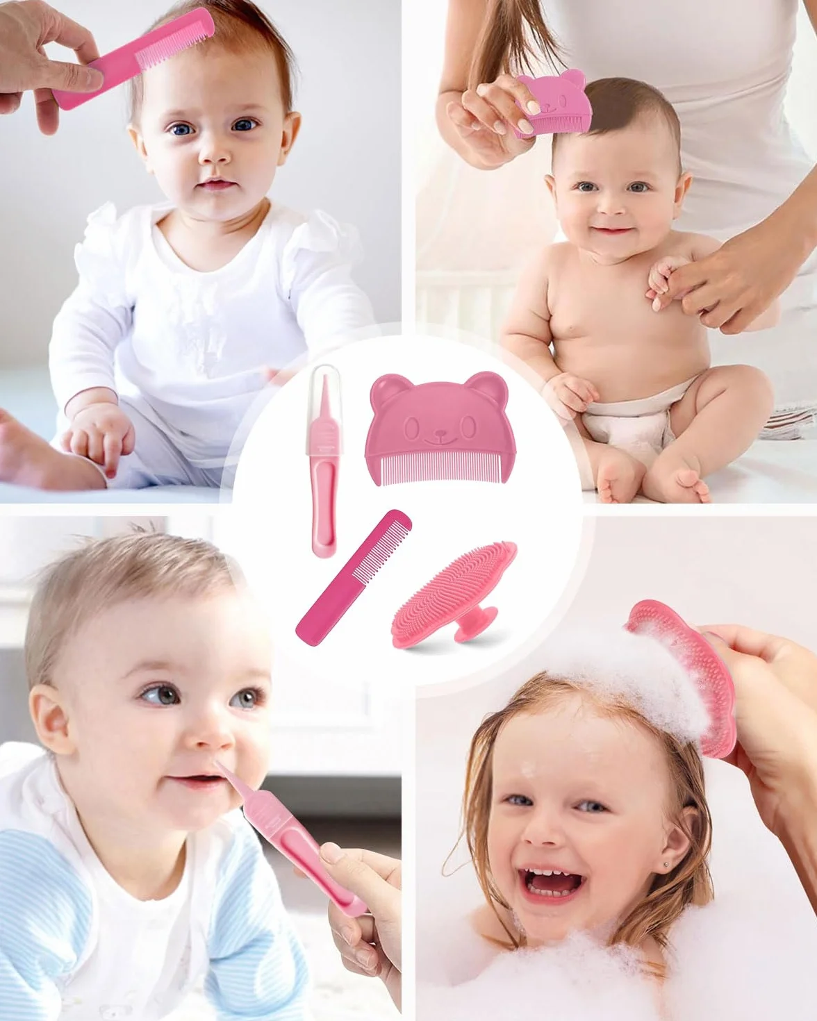 Pettine Neonato,4 pcs Spazzola per Neonati Set Pettine e Spazzola Neonato Spazzola Neonati in Silicone Spazzola per Massaggio per Bambini e Neonati Crosta Lattea e Regalo per Registro