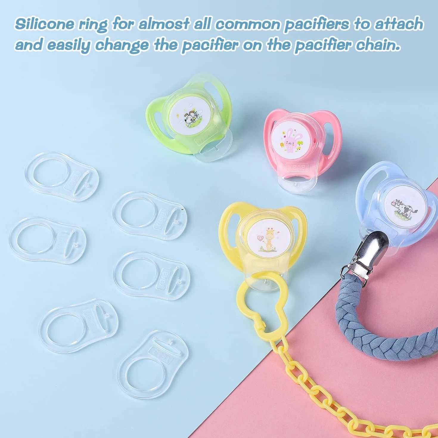Pulsante di Silicone Anello LISOPO 12 Pezzi Adattatori per Ciuccio in Silicone, Ciuccio Clip Adattatore Adatto Alla Maggior Parte dei Succhietti per Bambini e porta ciuccio catenella MAM, trasparente