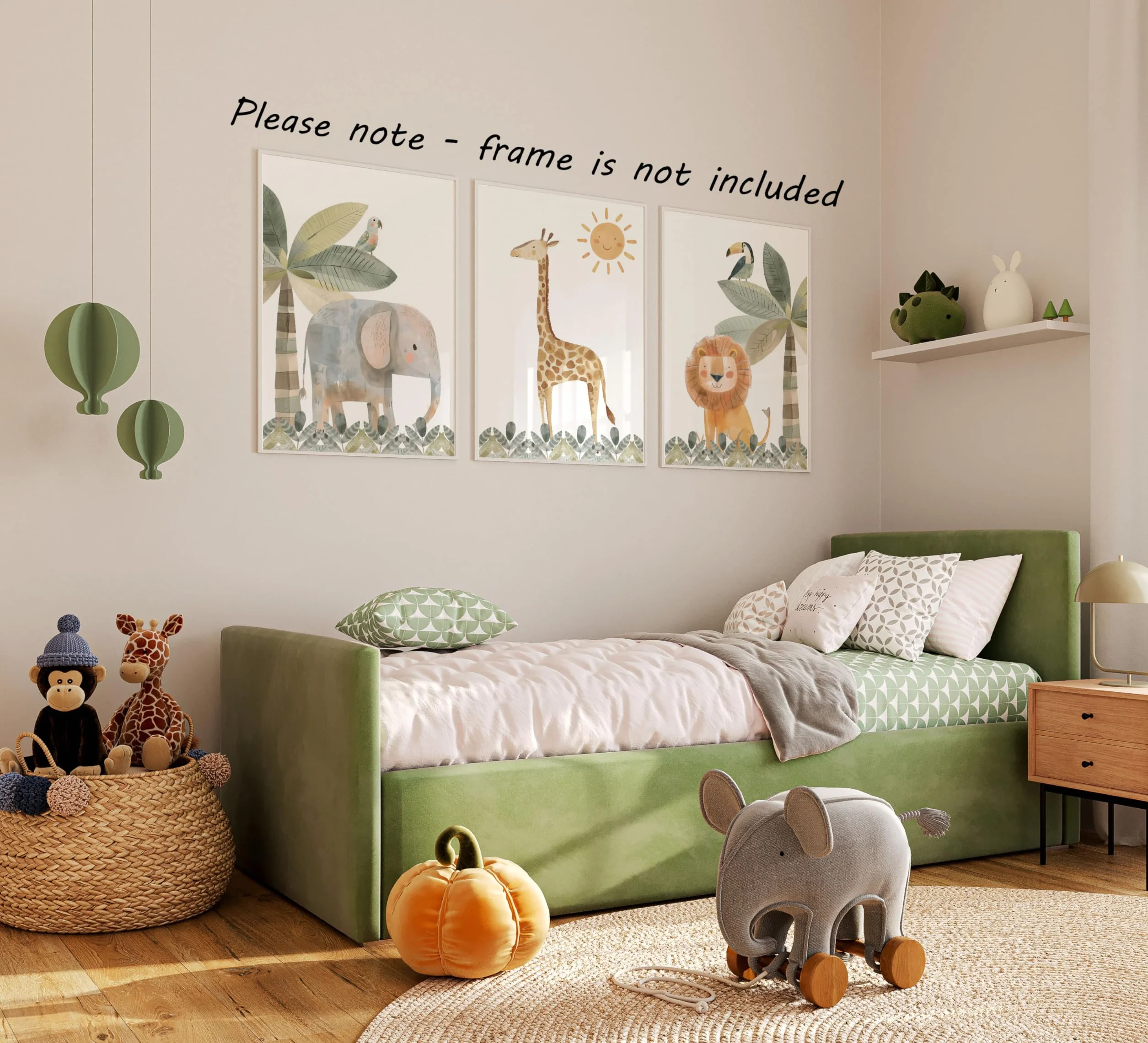 Eviepops Prints Quadri Cameretta Safari – Set di 3 Stampe Animali Acquerello Elefante, Giraffa, Leone Toni Neutri Decorazione Parete Bambini e Sala Giochi (A3)