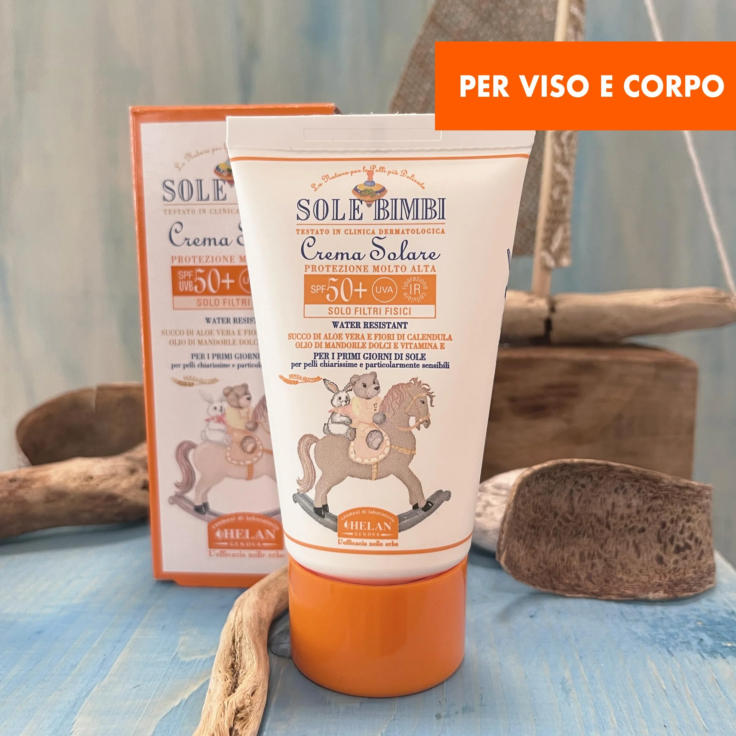 Helan, Sole Bimbi - Crema Solare 50+ Bambini e Neonati, Protezione Solare 50+ SPF Molto Alta contro Raggi UVB/UVA, Crema Solare Viso e Corpo con Olio di Mandorle Dolci, Vitamina E e Aloe Vera, 50 ml
