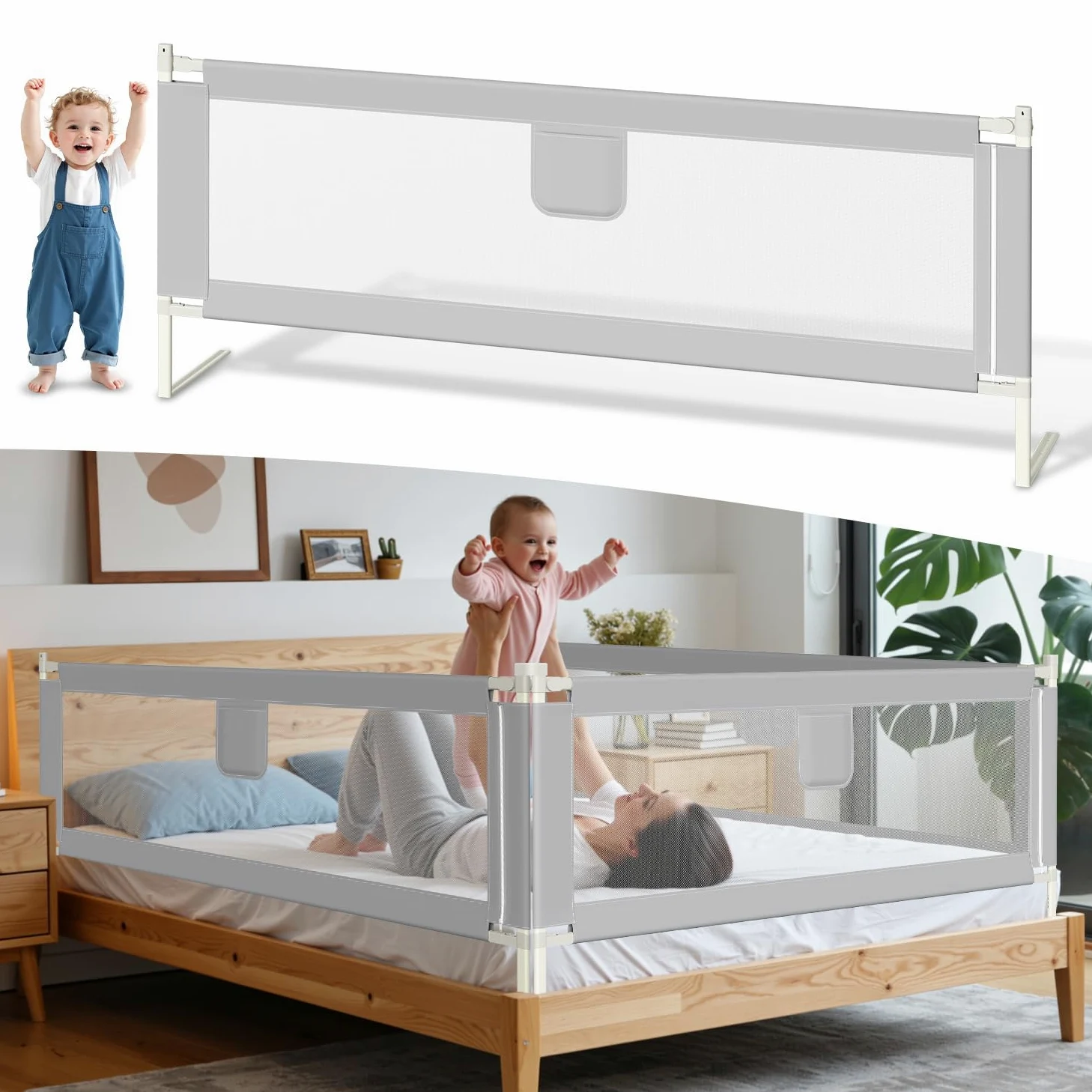 Ikodm Zanzariera per letto 180 cm x 2 + 150 cm x 1, griglia di protezione regolabile in altezza 64 – 96 cm, per neonati e bambini, con interruttore a doppio pulsante, facile da montare, grigio