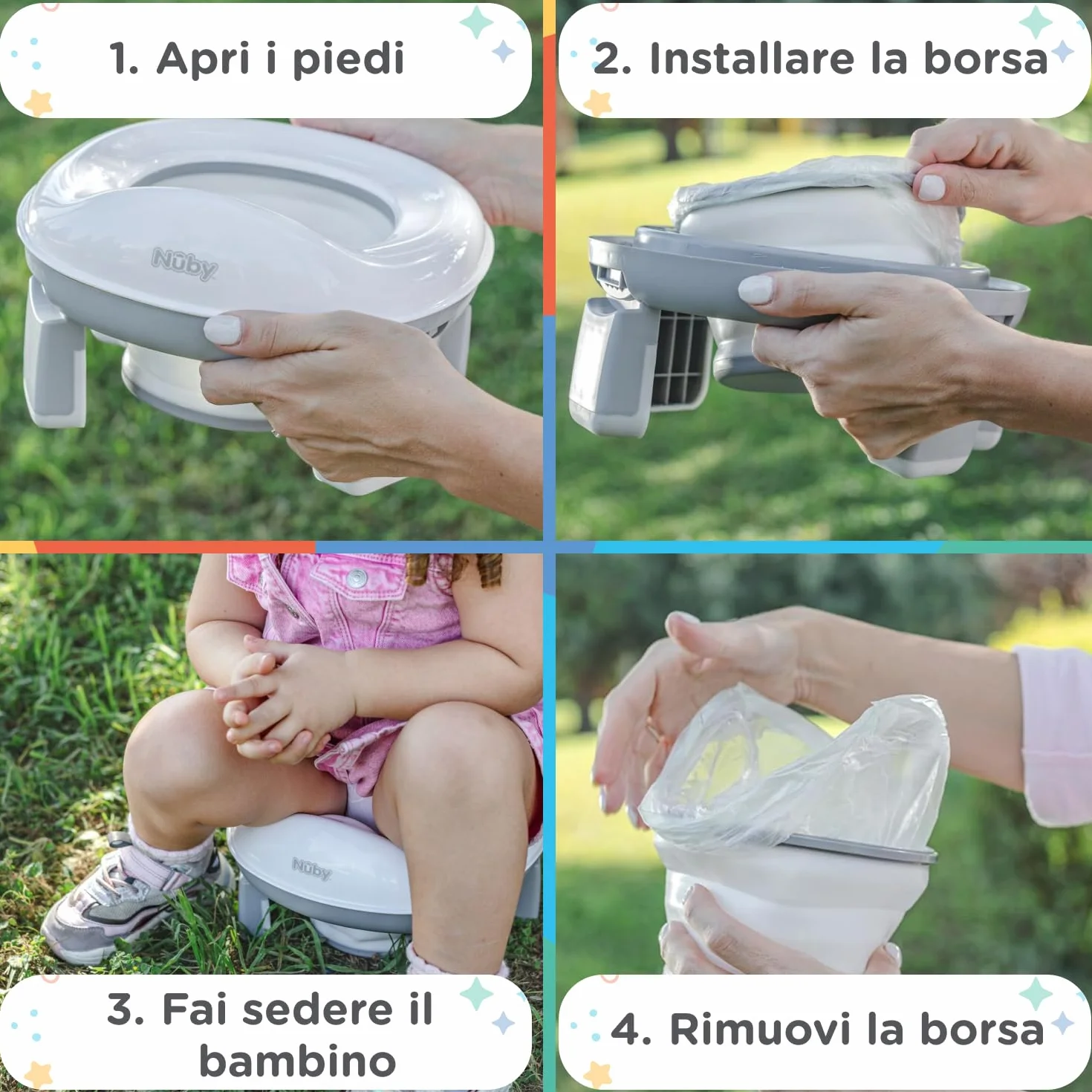 Nuby - Vasino portatile per bambini da viaggio - Wc portatile 2 in 1 Riduttore wc bambini o uso in autonomia - Con protezione paraschizzi e sacchetti usa e getta - Per imparare a usare il bagno