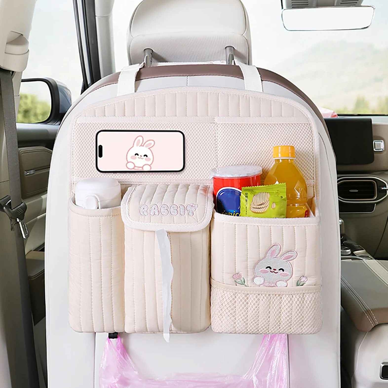 Organizer per seggiolino Auto con Spallacci Regolabili in Lunghezza, Auto Organizzatore Kick Mats Impermeabile Sedile Posteriore, Organizer per sedili Posteriori(Pink)