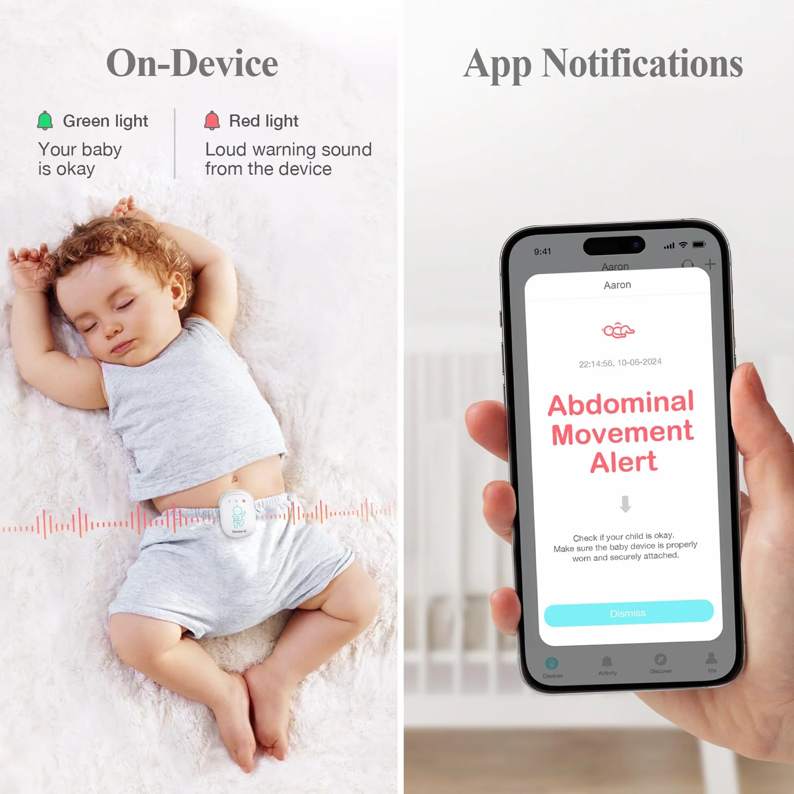 Sense-U Baby Monitor: traccia il movimento addominale, la temperatura, il ribaltamento e la posizione del sonno del tuo bambino (prato)