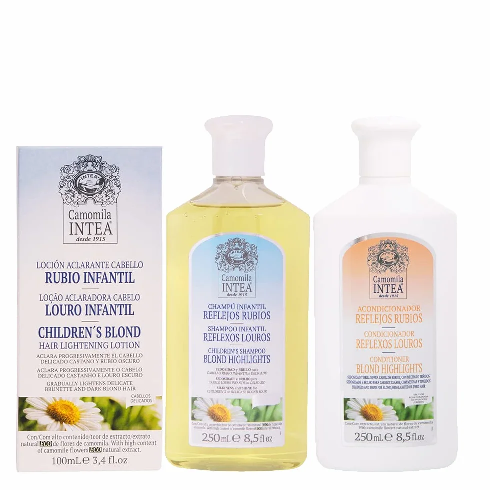 Intea Kit di Cura dei Capelli per Bambini Biondi: Lozione 100 ML + Shampoo 250 ML + Balsamo 250 ML - Schiarente e Nutre con Camomilla