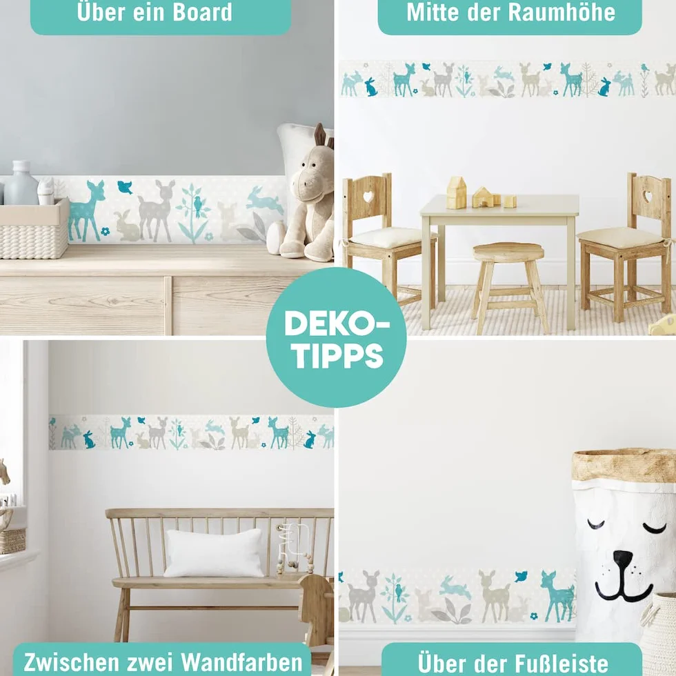 bordo autoadesivo, 450 x 11,5 cm, con motivo di caprioletto, turchese/grigio/beige