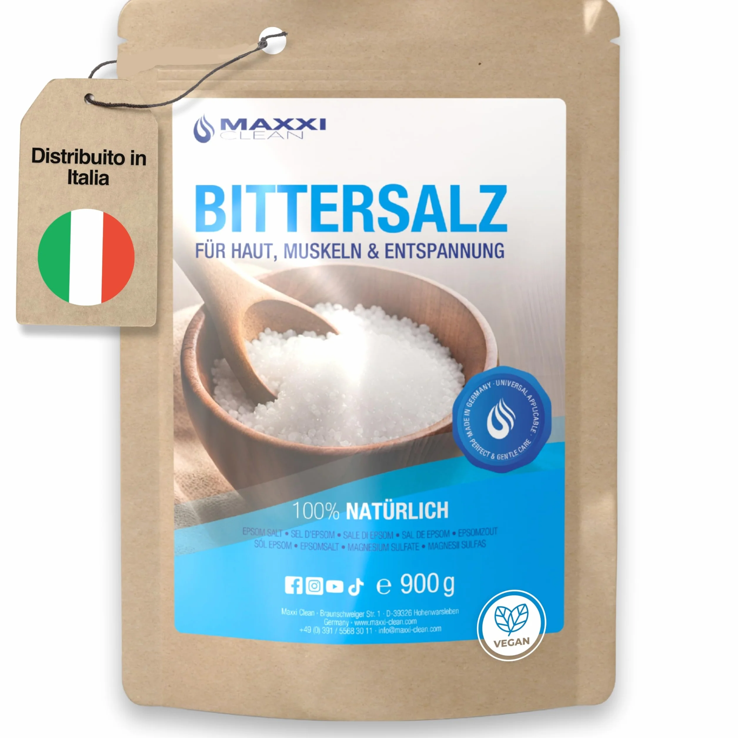 Maxxi Clean | 900 g di sale Epsom altamente puro | Sale da bagno per benessere e peeling del corpo | Solfato di magnesio per muscoli, pelle e anima | Magnesio adatto alla cura del giardino