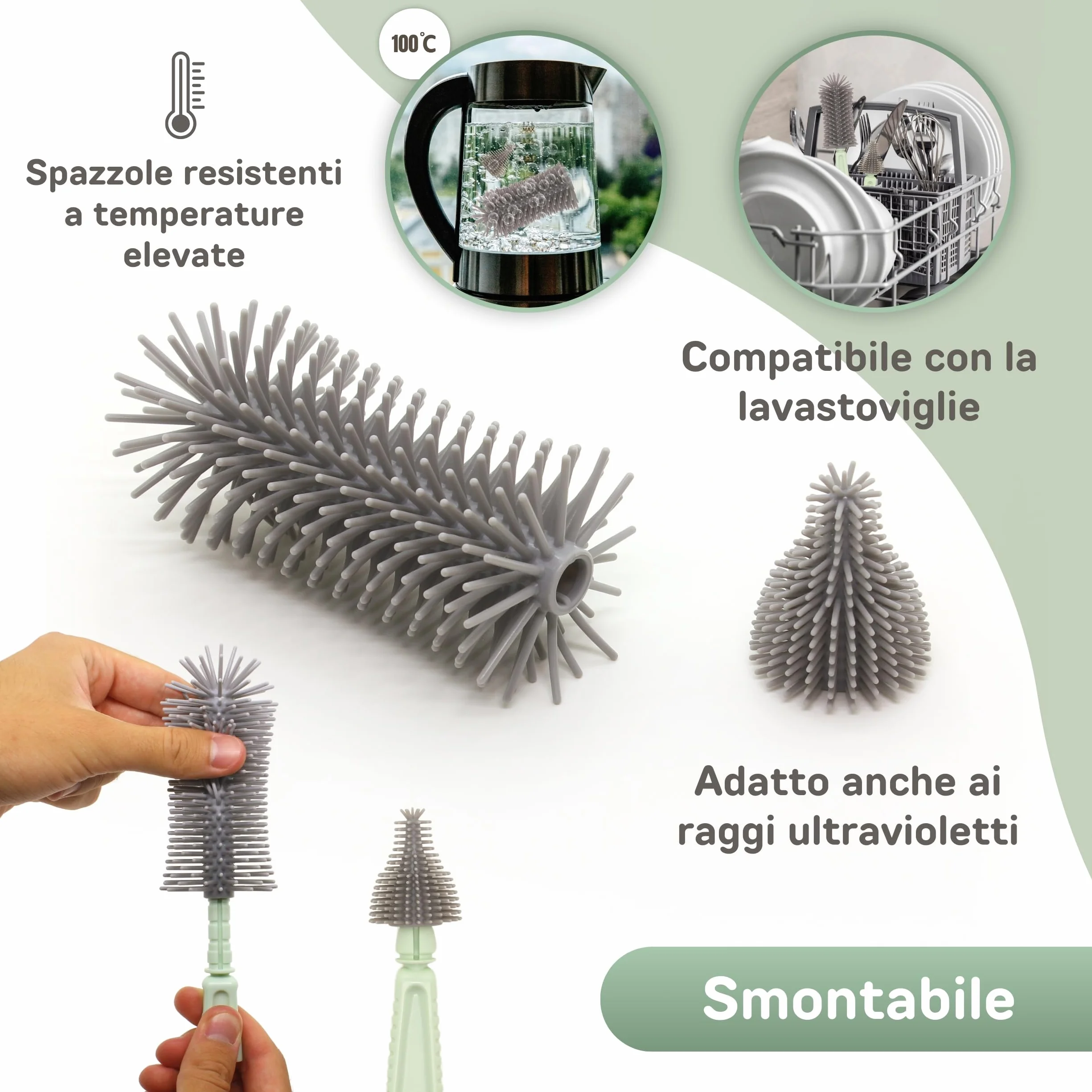 BELLEBEBE Set Escurre Biberones con Limpia Biberones - 6 en 1 Kit Cepillo Limpia Biberones con escurre biberones Plegable - Portatil - Transportable - Regalo para Bebe - SIN BPA - Verde