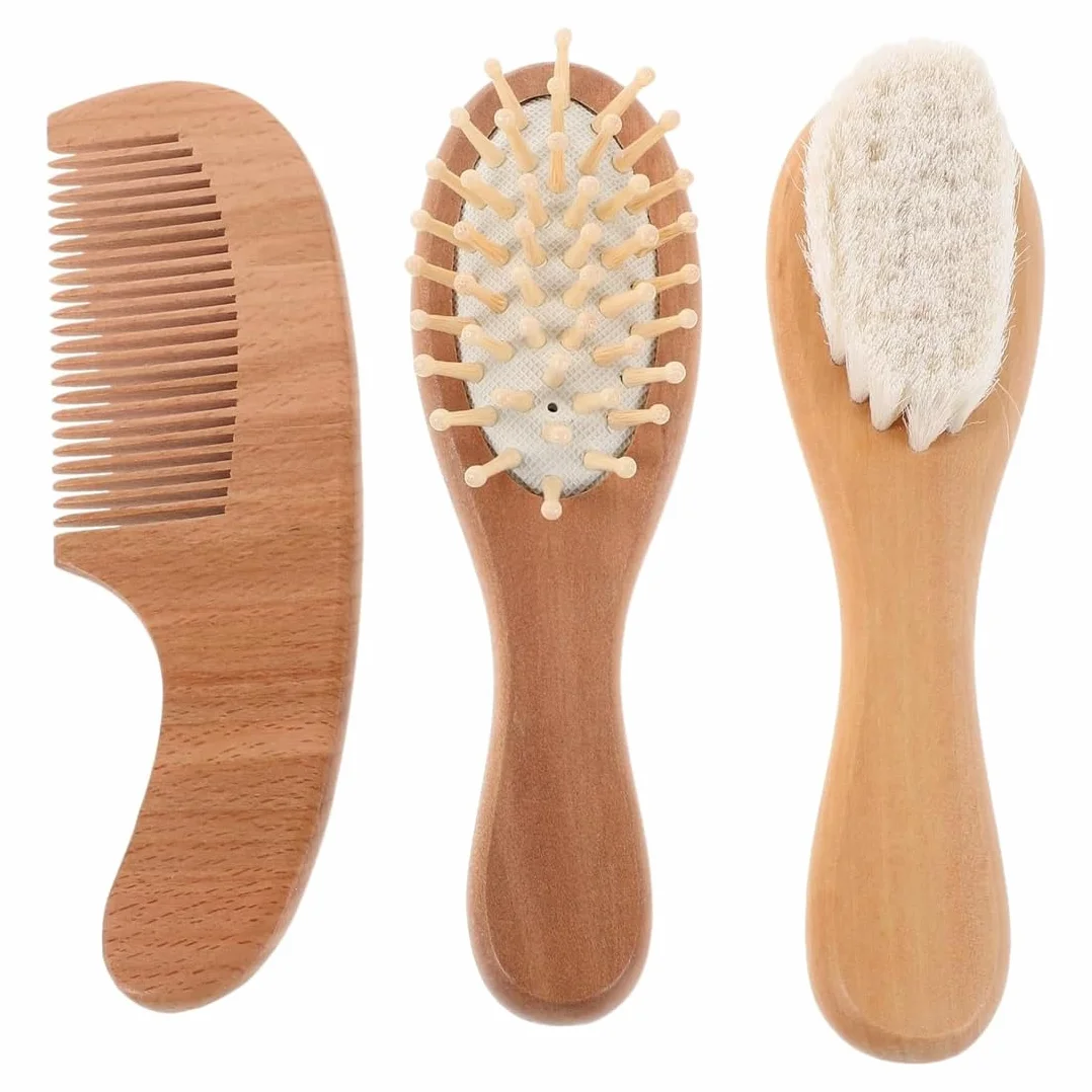 Spazzola Neonato, Set Di 3 Spazzole Pettini Legno Naturale Marrone, Setole Morbide Capra, Lunghezza 15Cm Larghezza 4Cm