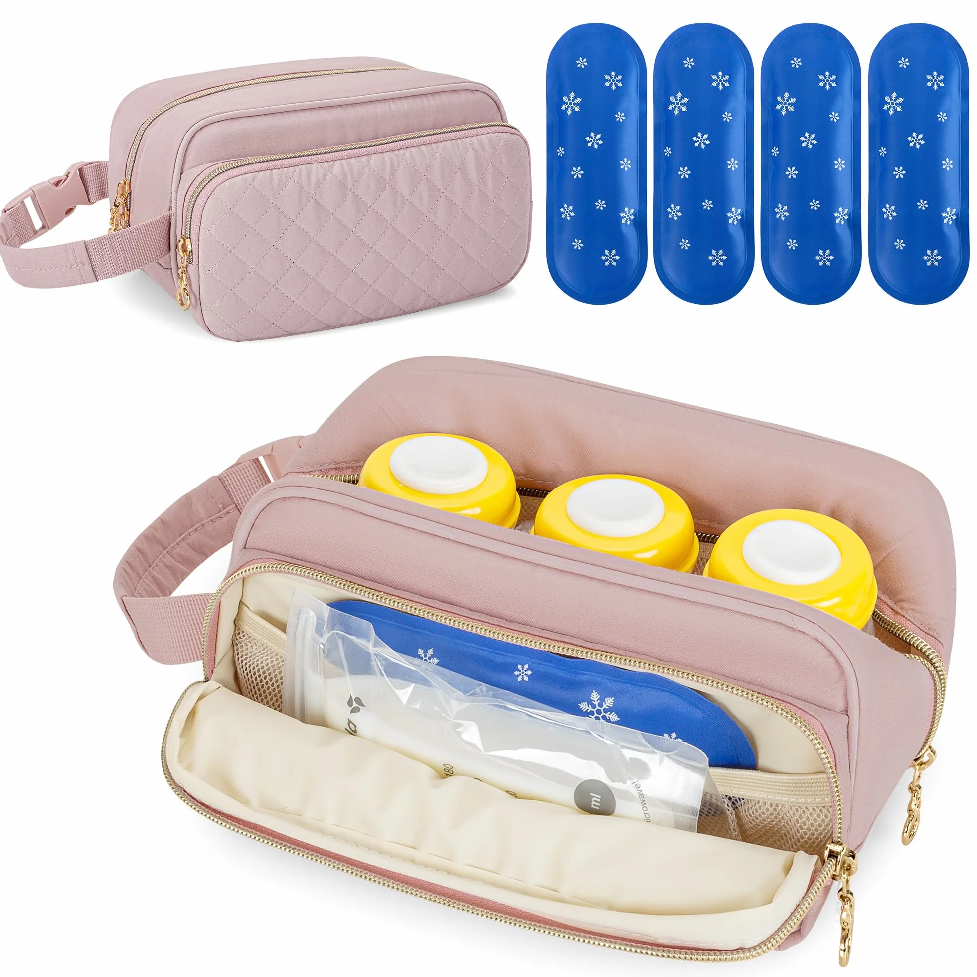 Damero Borsa Termica per Latte Materno con 4 Pacchetti di Ghiaccio, Borsa Termica per Biberon di Latte Materno per Biberon da Viaggio per Madre Che Allatta, Rosa