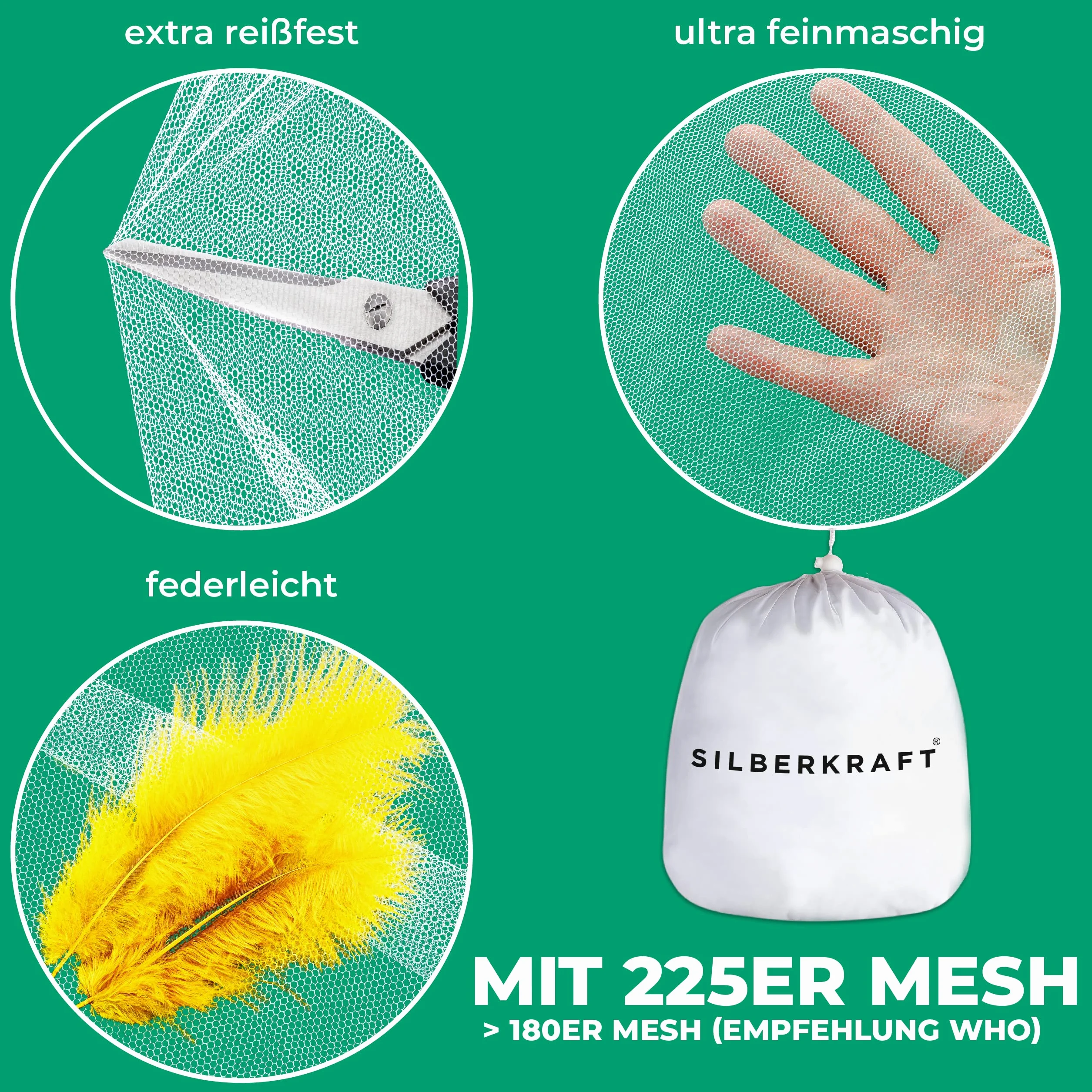 Silberkraft Zanzariera di alta qualità con ganci e caviglie, XXL per letto matrimoniale, zanzariera per viaggi e casa, con borsa per il trasporto