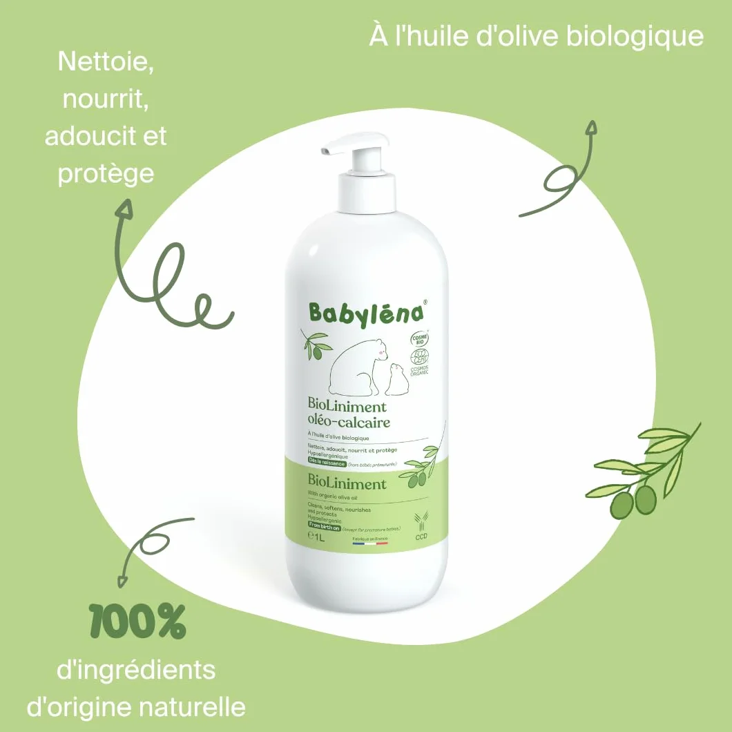 Babyléna BioLiniment Oleo-Calcaire Baby - 100% di origine naturale 1 L - Certificato Bio Senza Profumo, Liniment Made in France