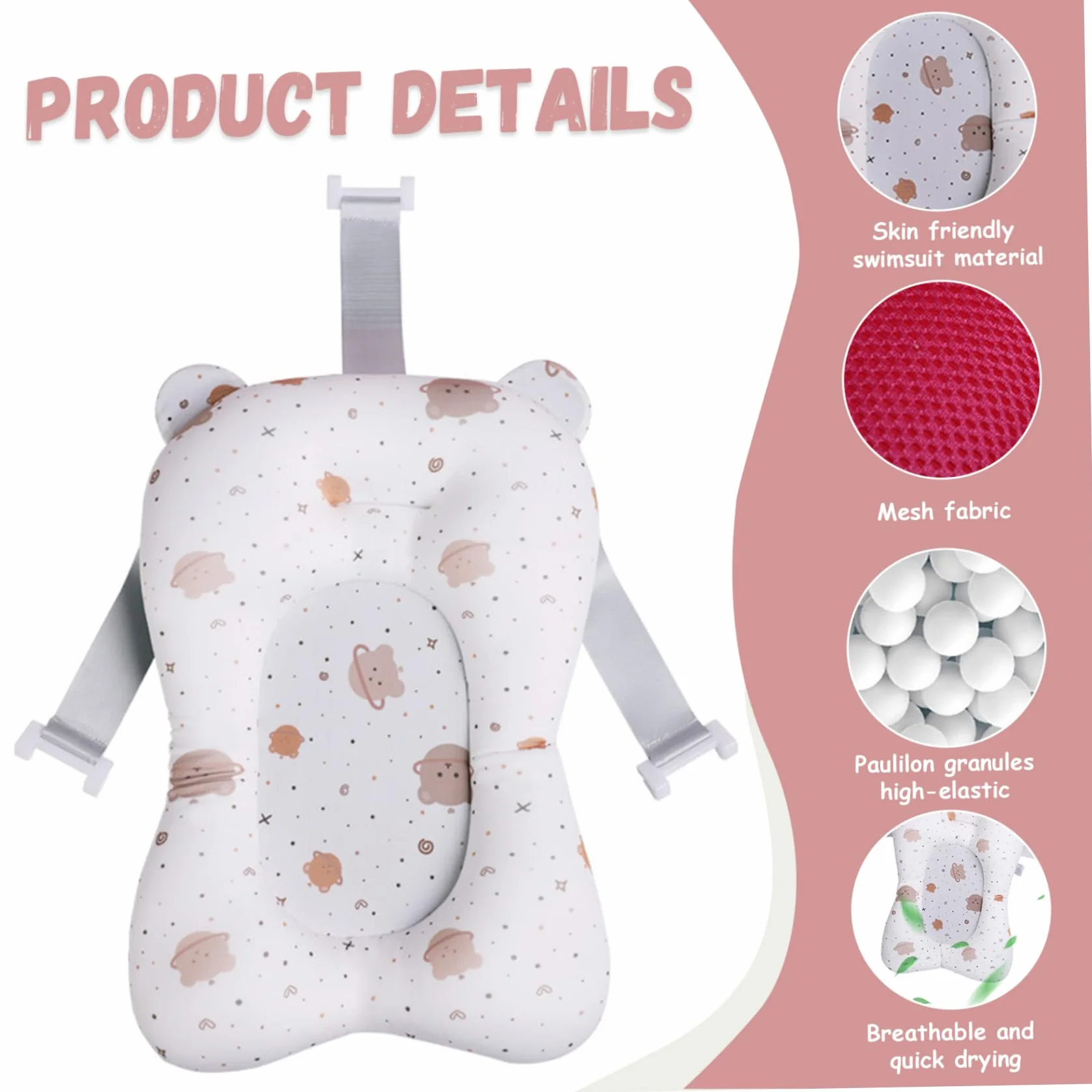 Supporto per bagnetto per bambini Morbido e confortevole Cuscino per vasca da bagno per bambini Antiscivolo Regolabile Vasca da bagno per neonati Cuscino facile da pulire per neonati Forniture per i