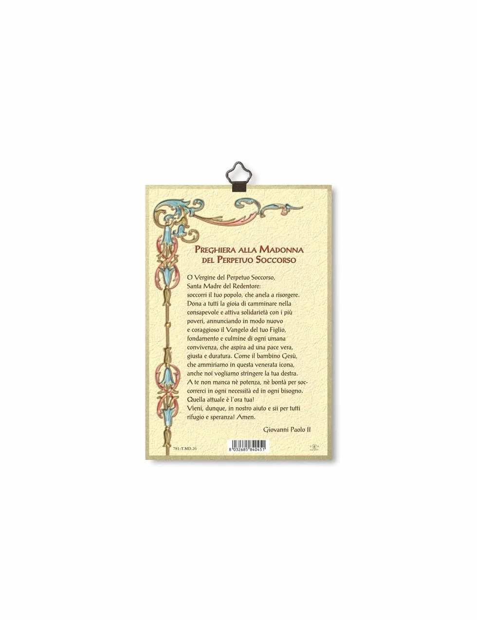 Fratelli Bonella | Quadro Sacro su legno MDF di pioppo 8mm della Madonna del Perpetuo Soccorso con Preghiera a lei dedicata sul retro 10 x 15 cm | Made in Italy