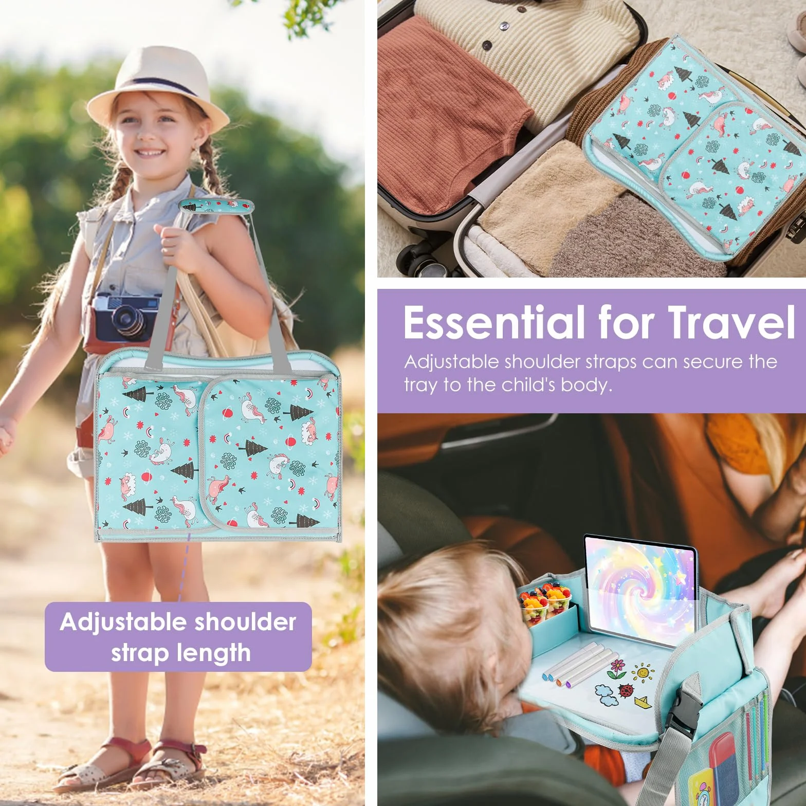 Tavolino da viaggio per bambini, seggiolino per auto, multifunzionale, regolabile, tavolino da gioco, tavolino da pranzo, tavolino per auto, aereo, parco (verde)