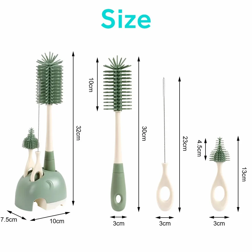 Vicloon Spazzola per Biberon, 3 Pezzi Silicone Pulizia Biberon e Ciuccio con Base per Riporre, Scovolino in Silicone per la Pulizia Tettarella, Cannucce, Verde-Base