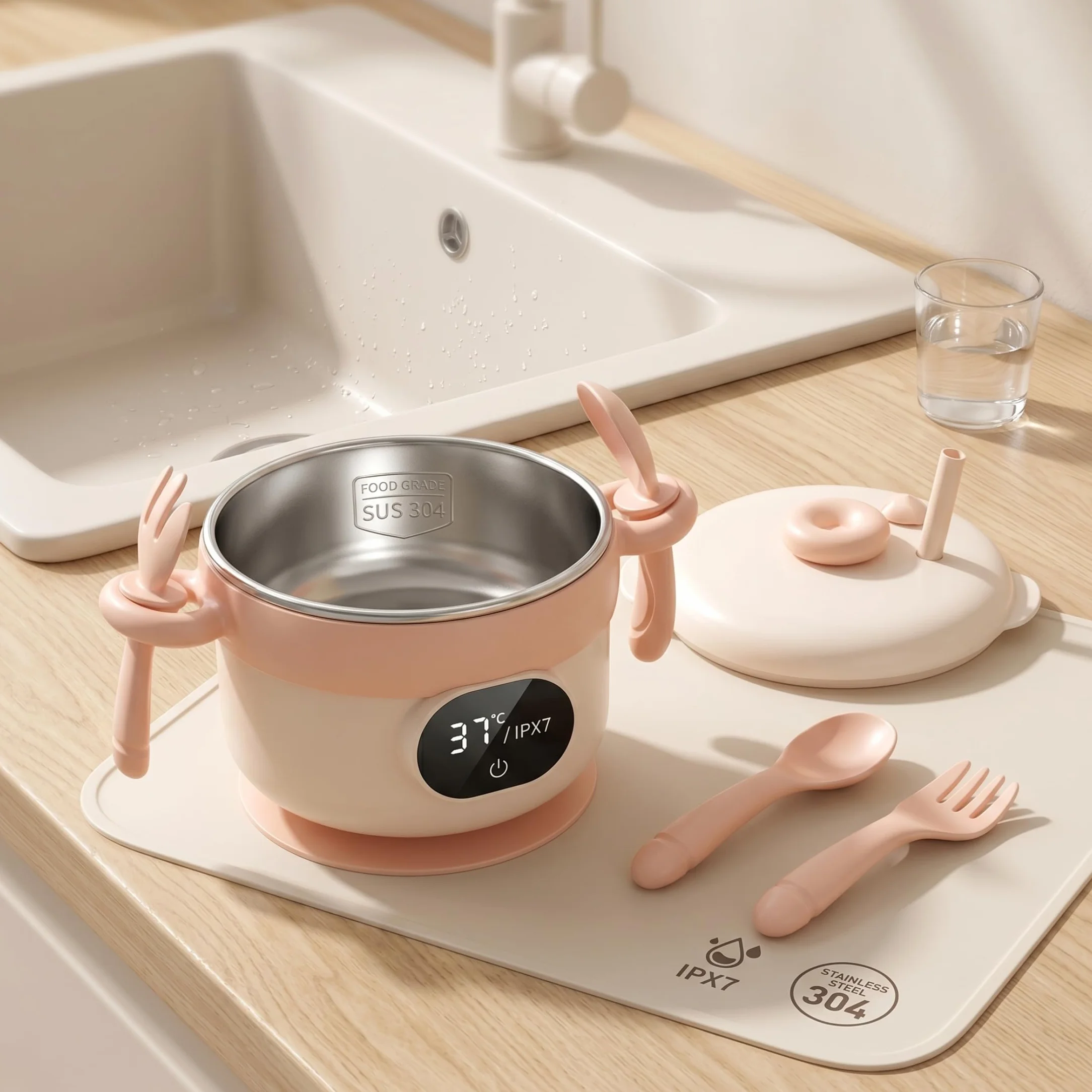 Scaldapappe intelligente ricaricabile con rivestimento in acciaio inossidabile, ciotole portatili a 3 temperature con cucchiaio, cannuccia e forchetta per la casa e l'esterno, Beige
