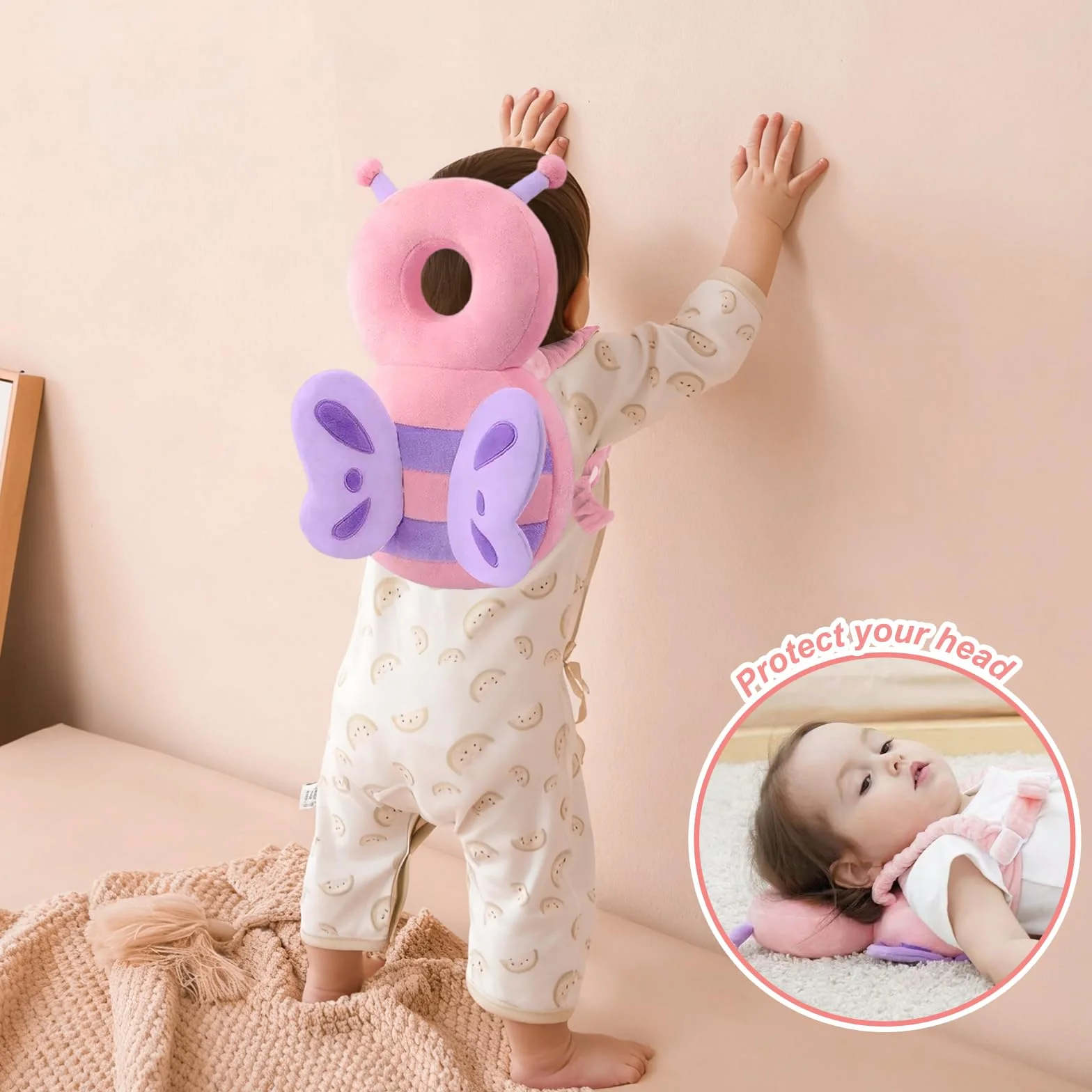 Zaino protettivo per la testa del bambino, cuscinetti di sicurezza regolabili per imparare a camminare, zaino per protezione della testa per bambini da 4 a 24 mesi che gattonano, farfalla in peluche
