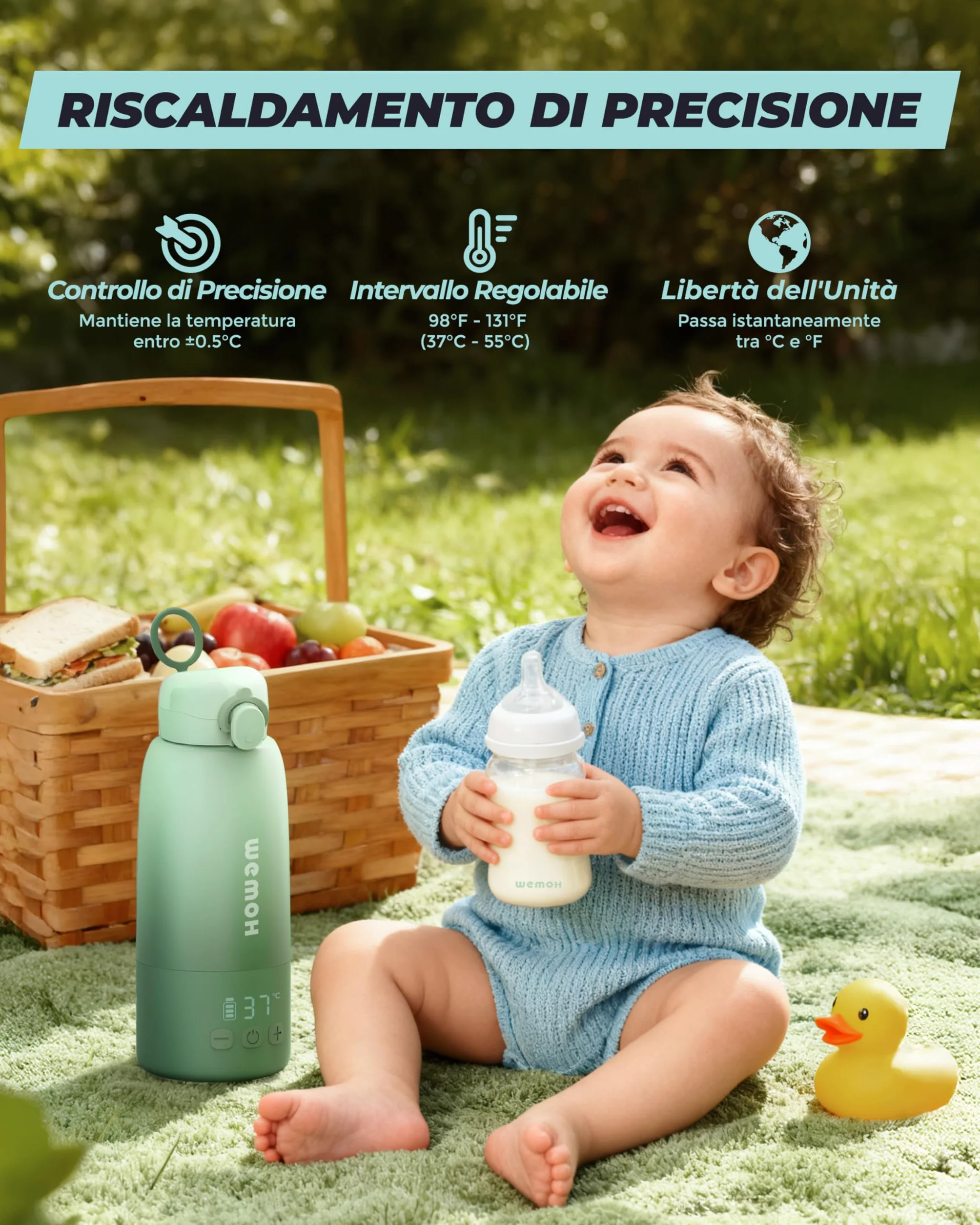Scalda Latte Portatile: Autopulente, controllo temperatura, 8 poppate/carica, 450ml, 100W per latte materno, formula e acqua
