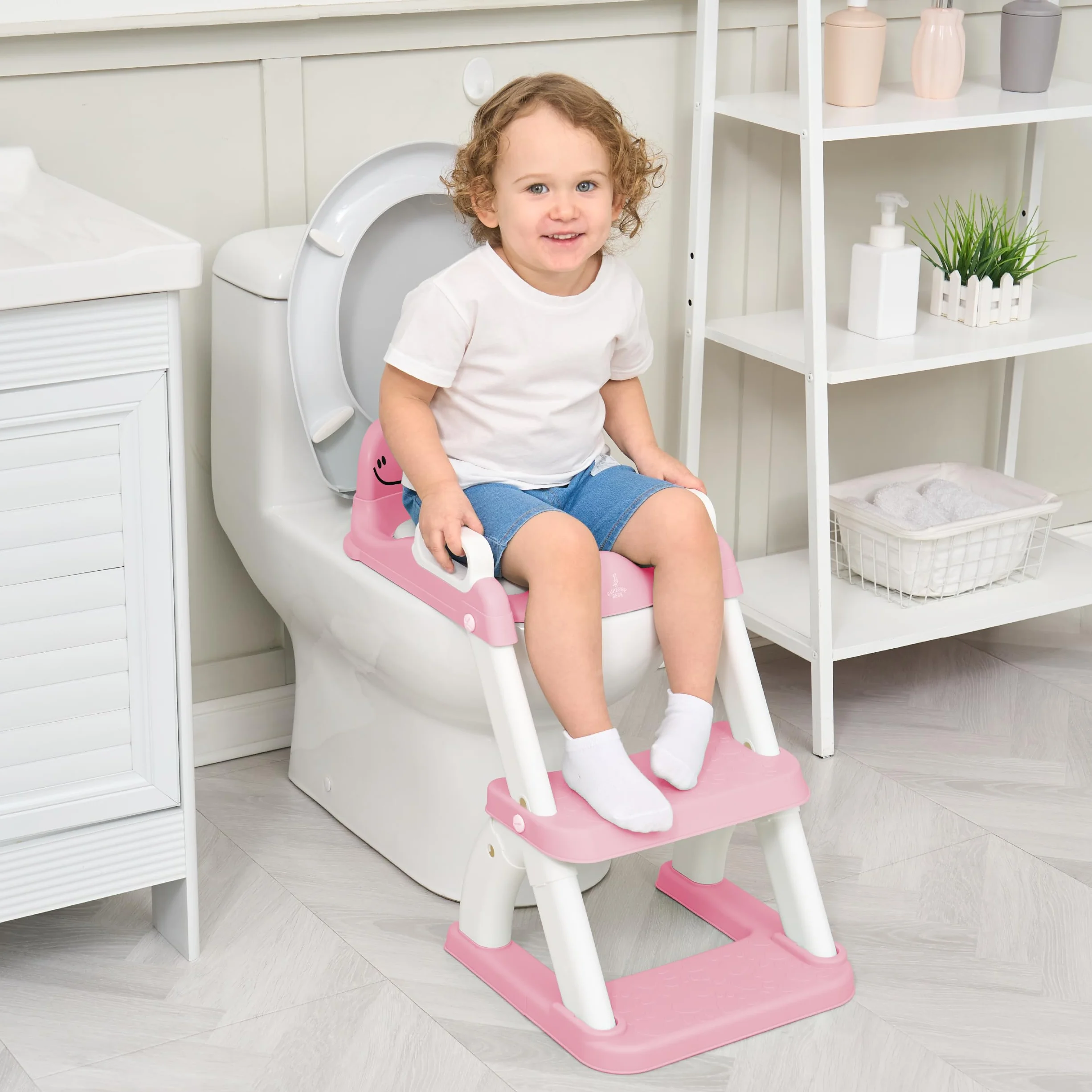 Riduttore WC Bambini con Scaletta – Sedile WC Pieghevole per Apprendimento Autonomo – Adattatore Toilette con Gradino Antiscivolo e Maniglie – Vasino Bambini