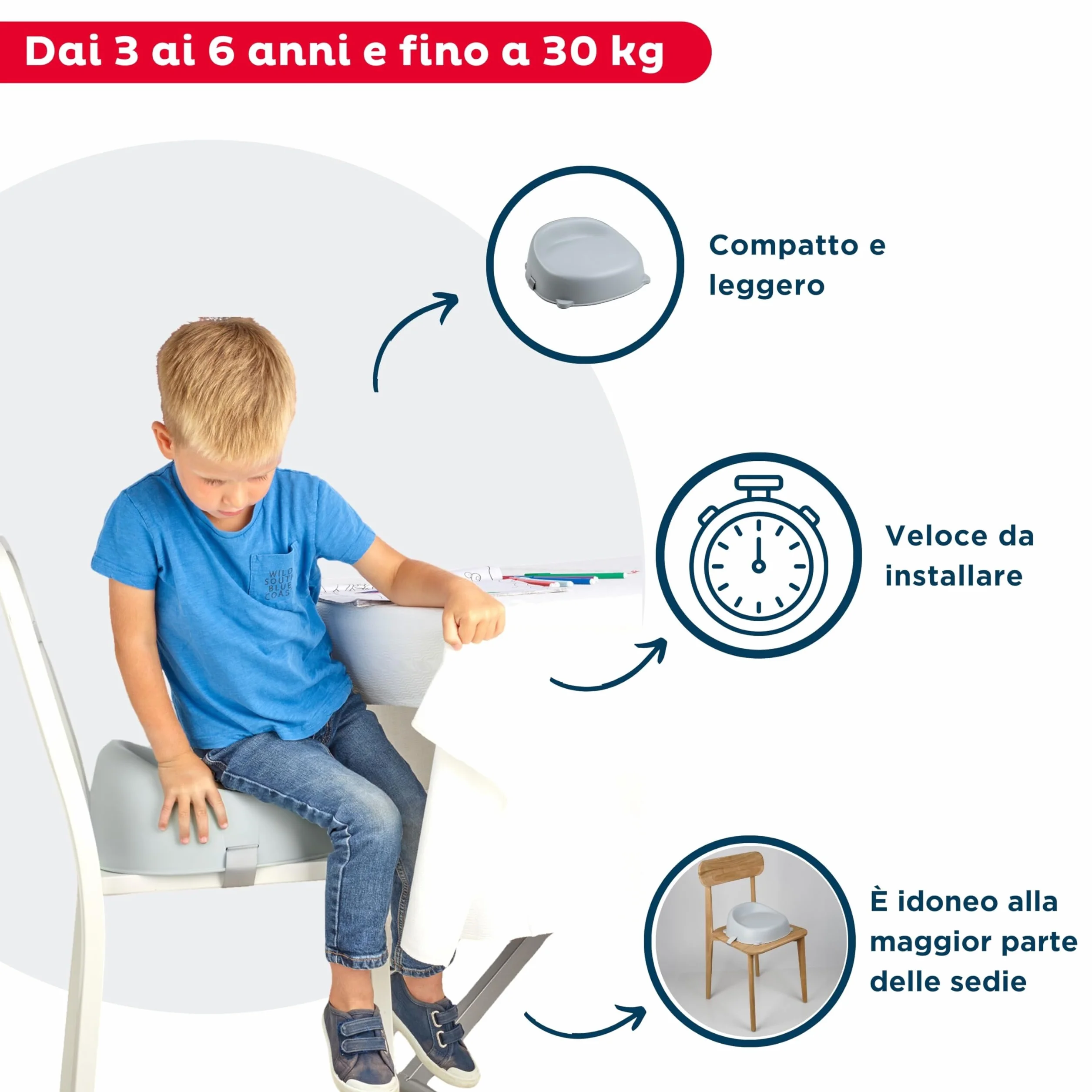 THERMOBABY - Rialzo per sedia EASY - Rialzo - Dai 3 ai 6 anni (o fino a 30 kg) - Confortevole - Leggero e Trasportabile - Facile da installare - Grigio Charme - Made in France