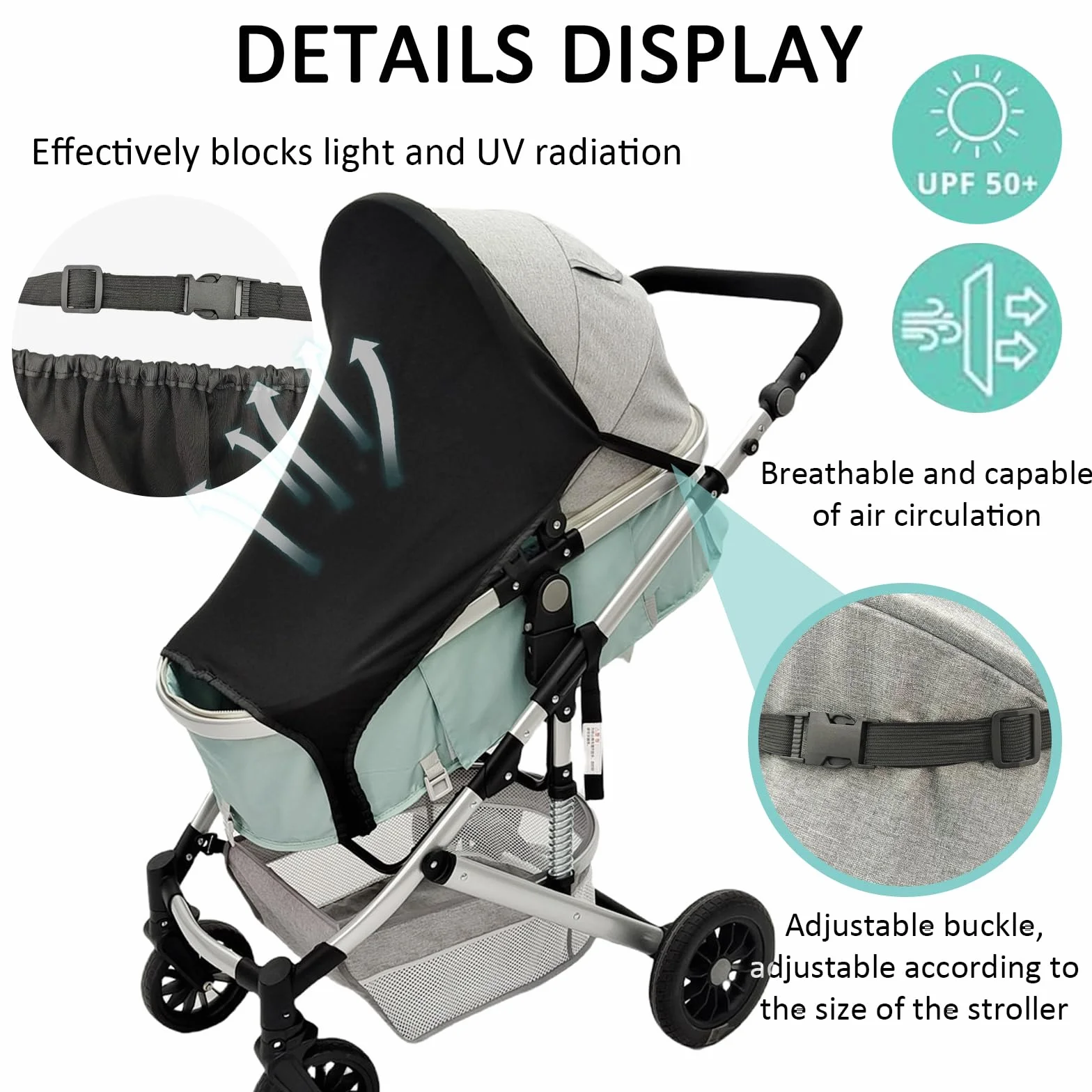 JSTHHTT Capottina per Passeggino con Protezione Solare, Parasole Carrozzina Universale Regolabile con Protezione UV 50, Parasole Elastico, Traspirante, Colore Nero