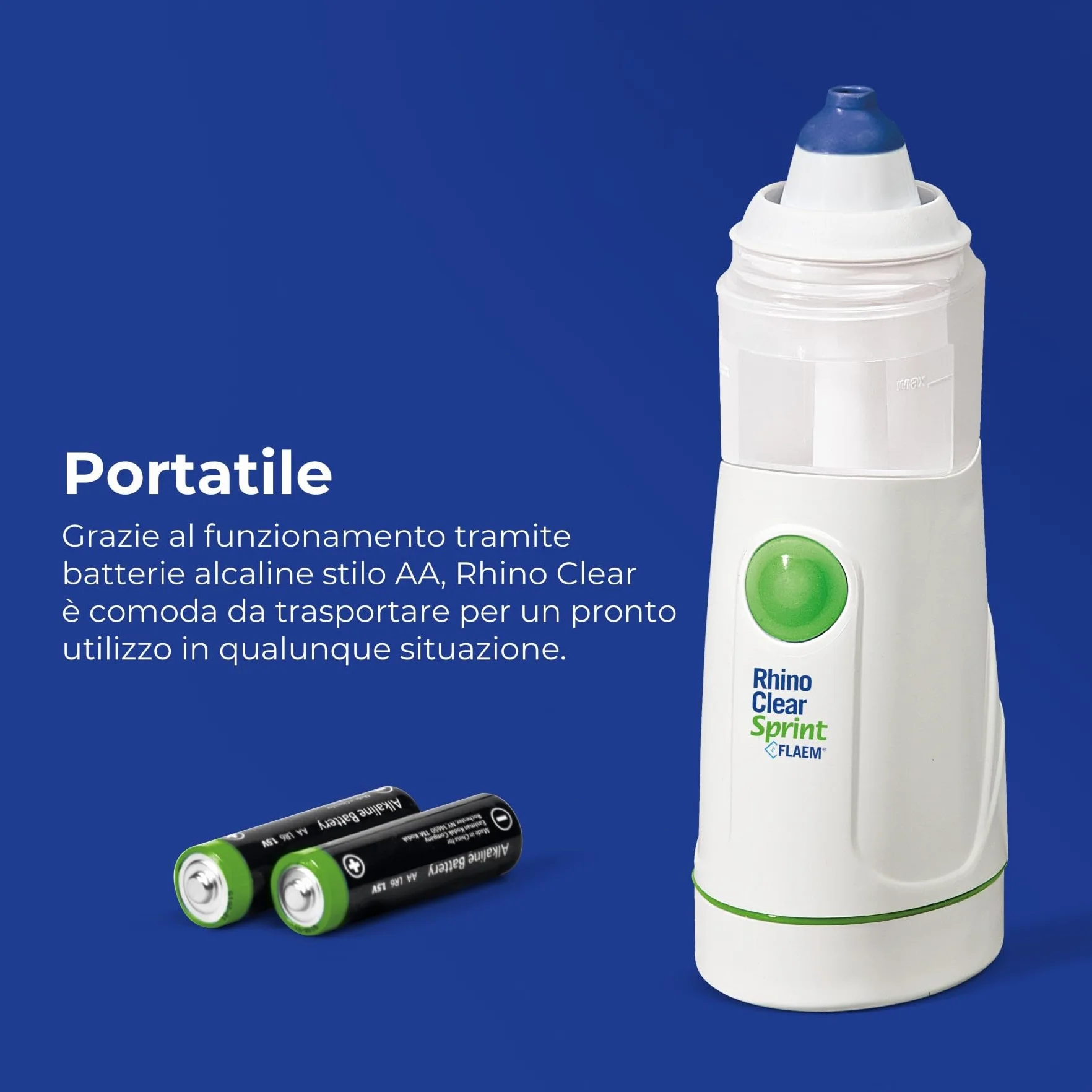 Flaem, Rhino Clear Sprint, Doccia Nasale Portatile, Lavaggio Nasale Bambini e Adulti, Trattamento delle Alte Vie Respiratorie per Raffreddori, Sinusite e Allergie, Funzionamento a Pile, Made in Italy