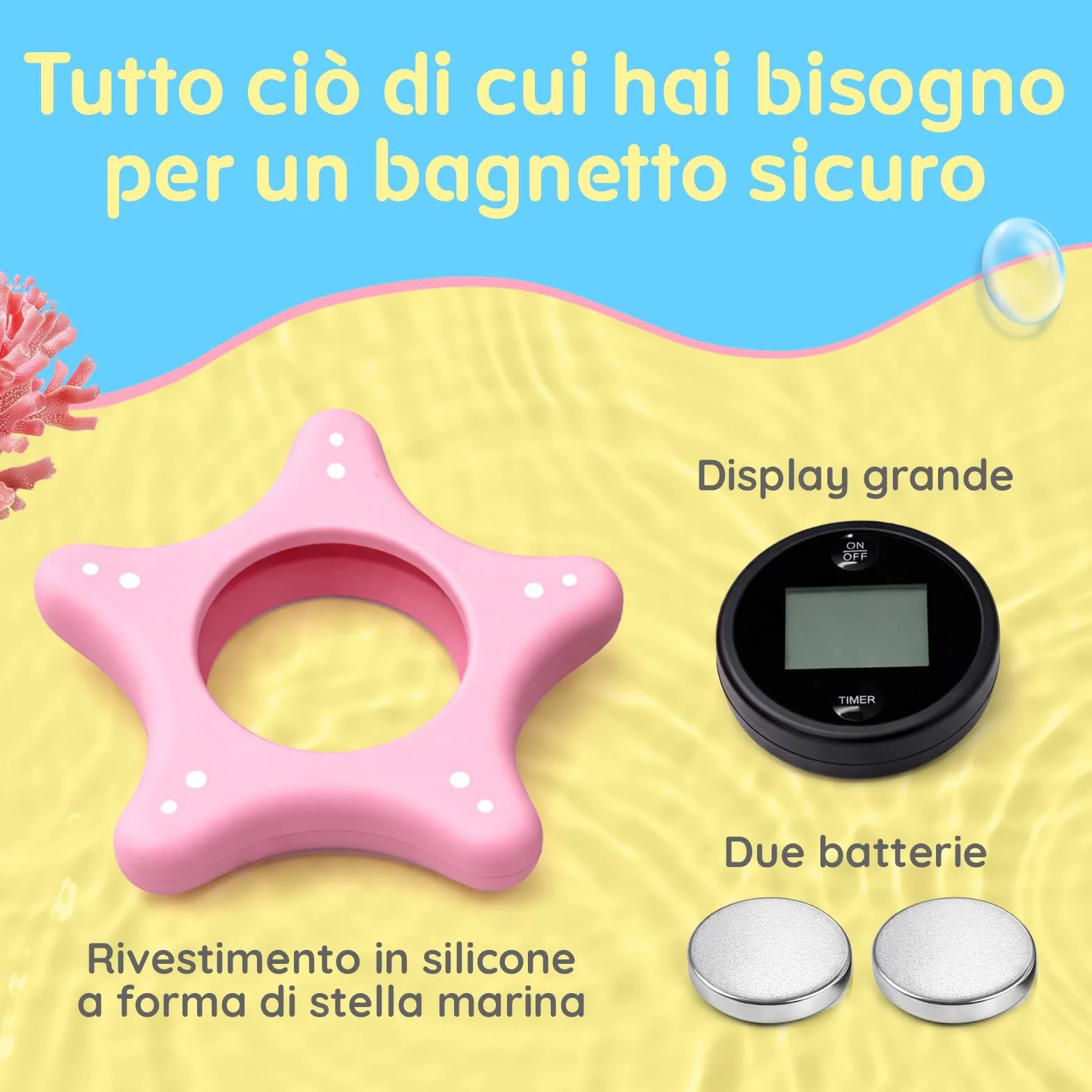 Termometro Bagno Neonato Digitale e Timer - Stella Marina in Silicone Morbido - Termometro ad Acqua Galleggiante - Giocattolo per Neonati e Bambini